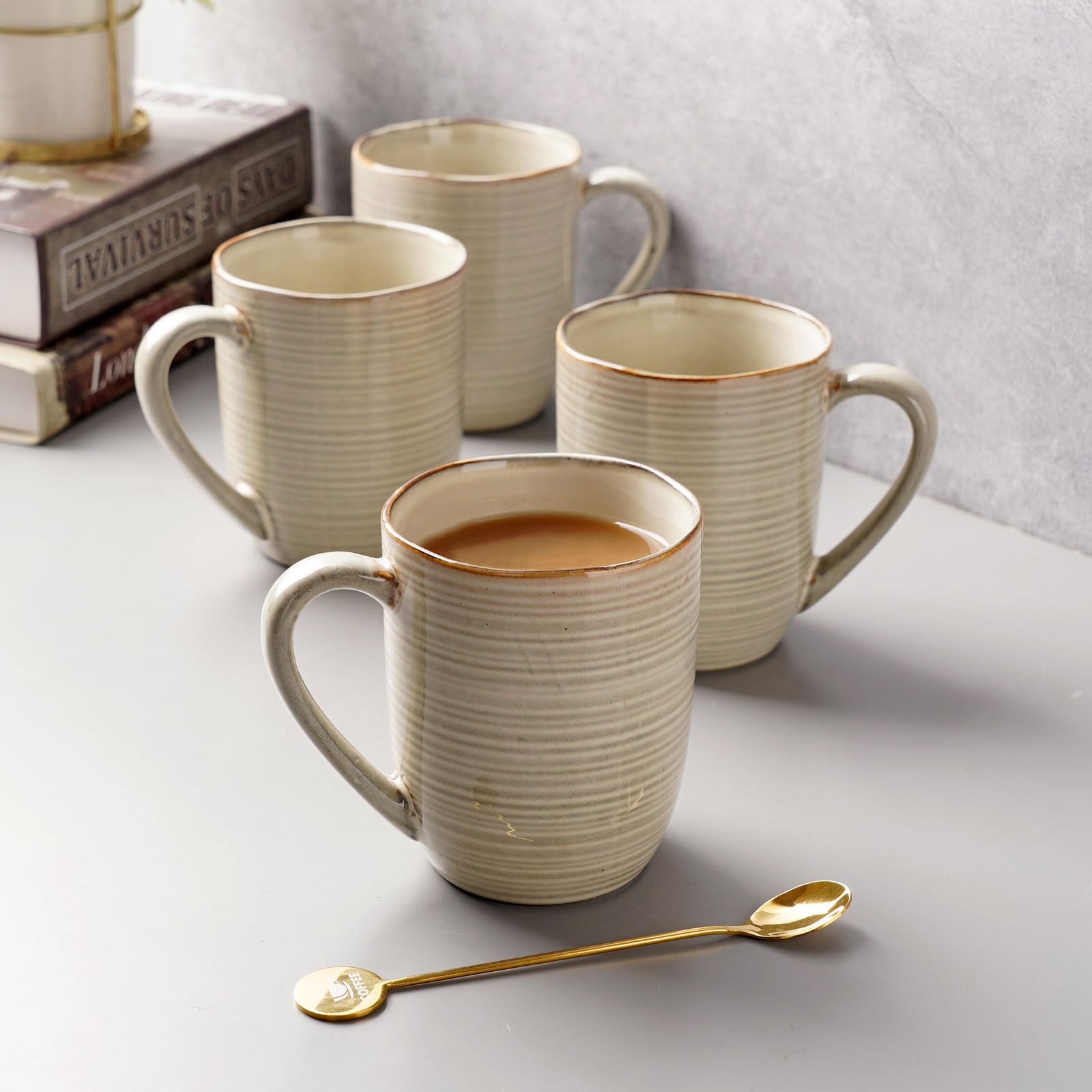 Famiware 14oz Stoneware Coffee Mugs Set of 4 - Microwave Safe for Home & Office Use