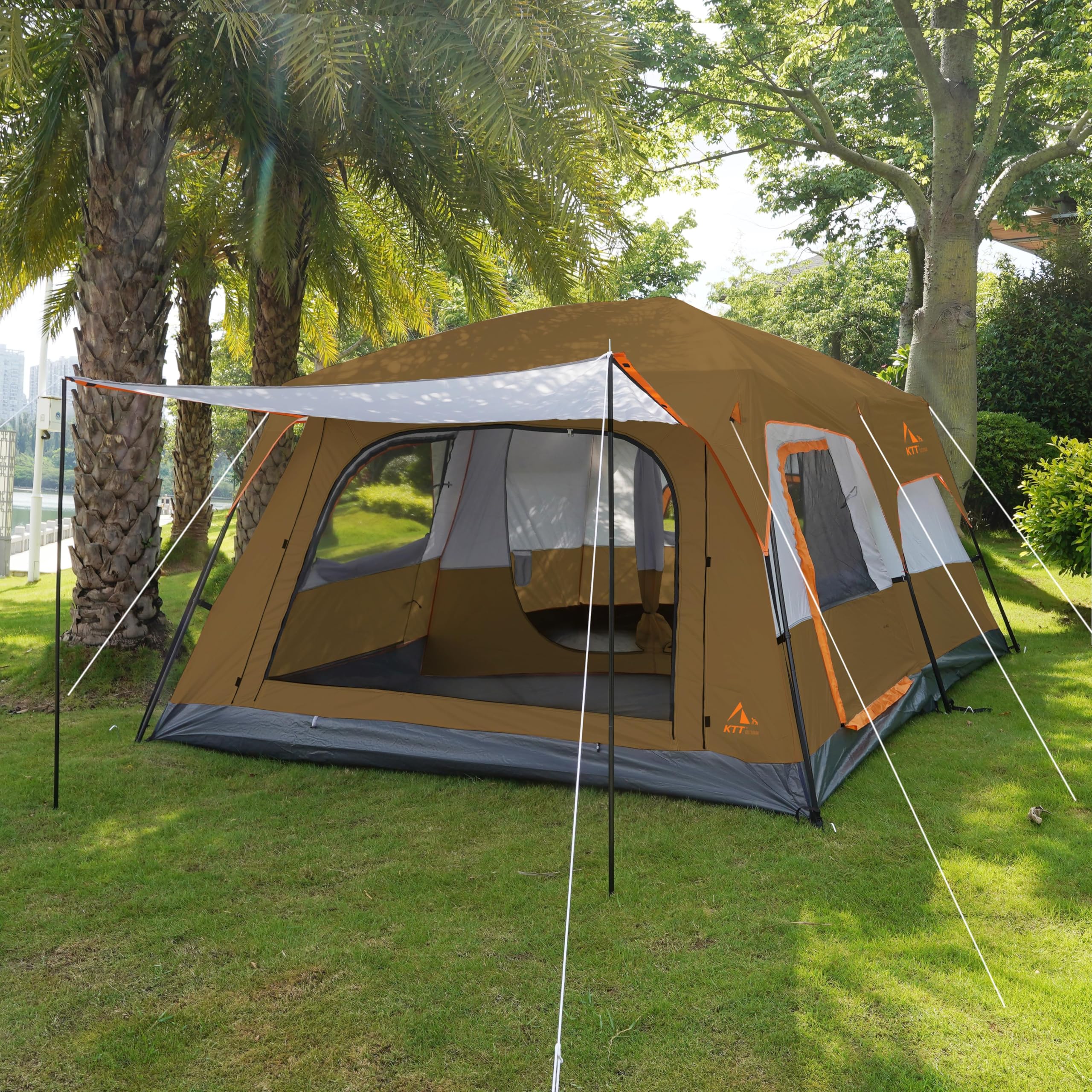 KTT Extra Large Family Cabin Tent for 10-14 People - 2 Rooms, 3 Doors & 3 Windows with Mesh, Waterproof Double Layer Straight Wall Design - Perfect for Camping, Picnics, Outdoor Adventures & Family Gatherings