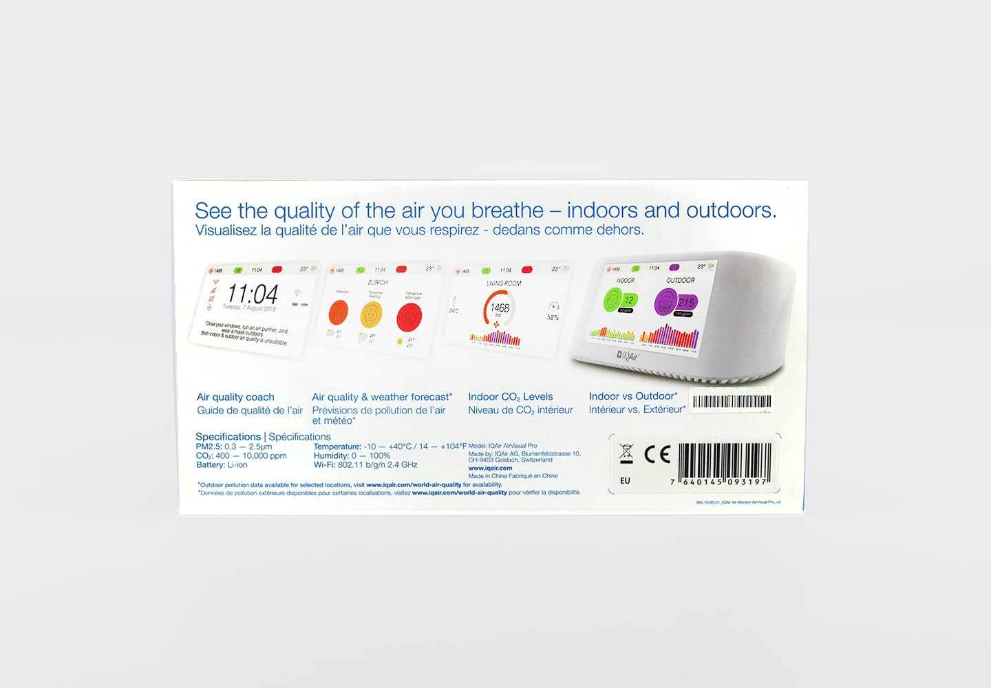 IQAir Indoor Air Quality Monitor - Swiss Design Professional Grade PM2.5 CO2 AQI Temperature Humidity Sensor with Real-Time Data & Forecasting | Home Office School Gym Monitoring System