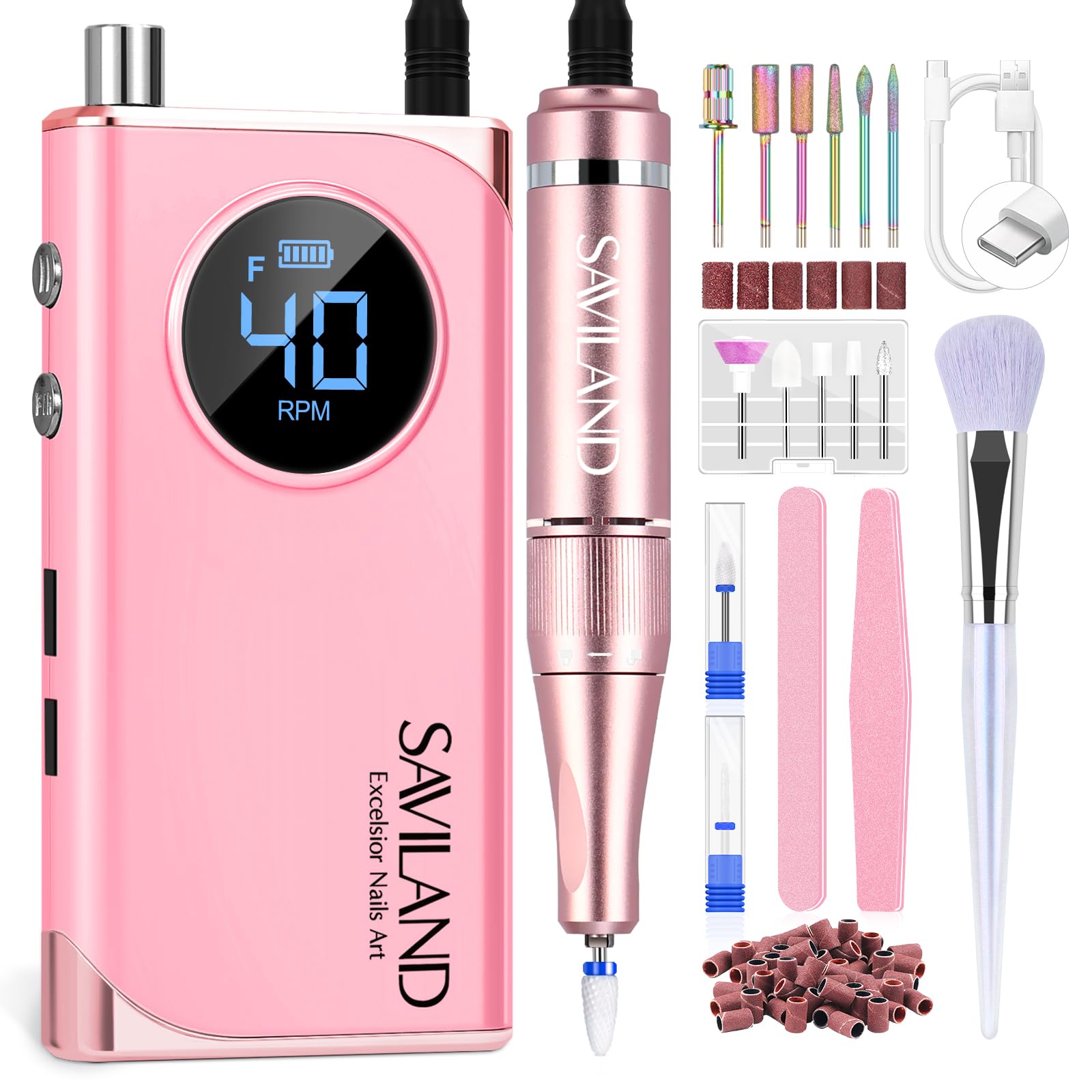 SAVILAND Professional Electric Nail Drill Kit - 40000 RPM High Speed Pink Nail File Machine with 13 Drill Bits for Acrylic, Gel, Dip & Artificial Nails | Perfect for Home Salon, Manicure & Pedicure Care