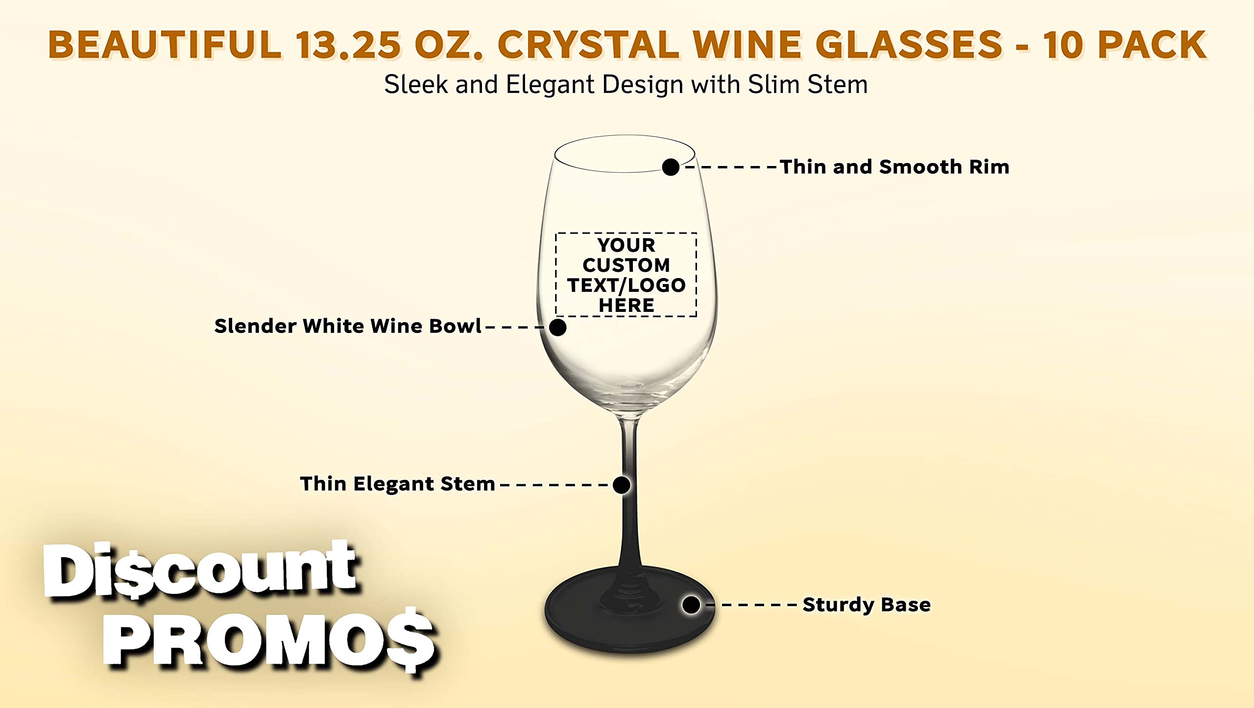 10-Piece Crystal Wine Glass Set - 13.25 oz Elegant Stemware with Custom Text/Logo - Lightweight Barware for Parties, Weddings & Home Decor (Black)