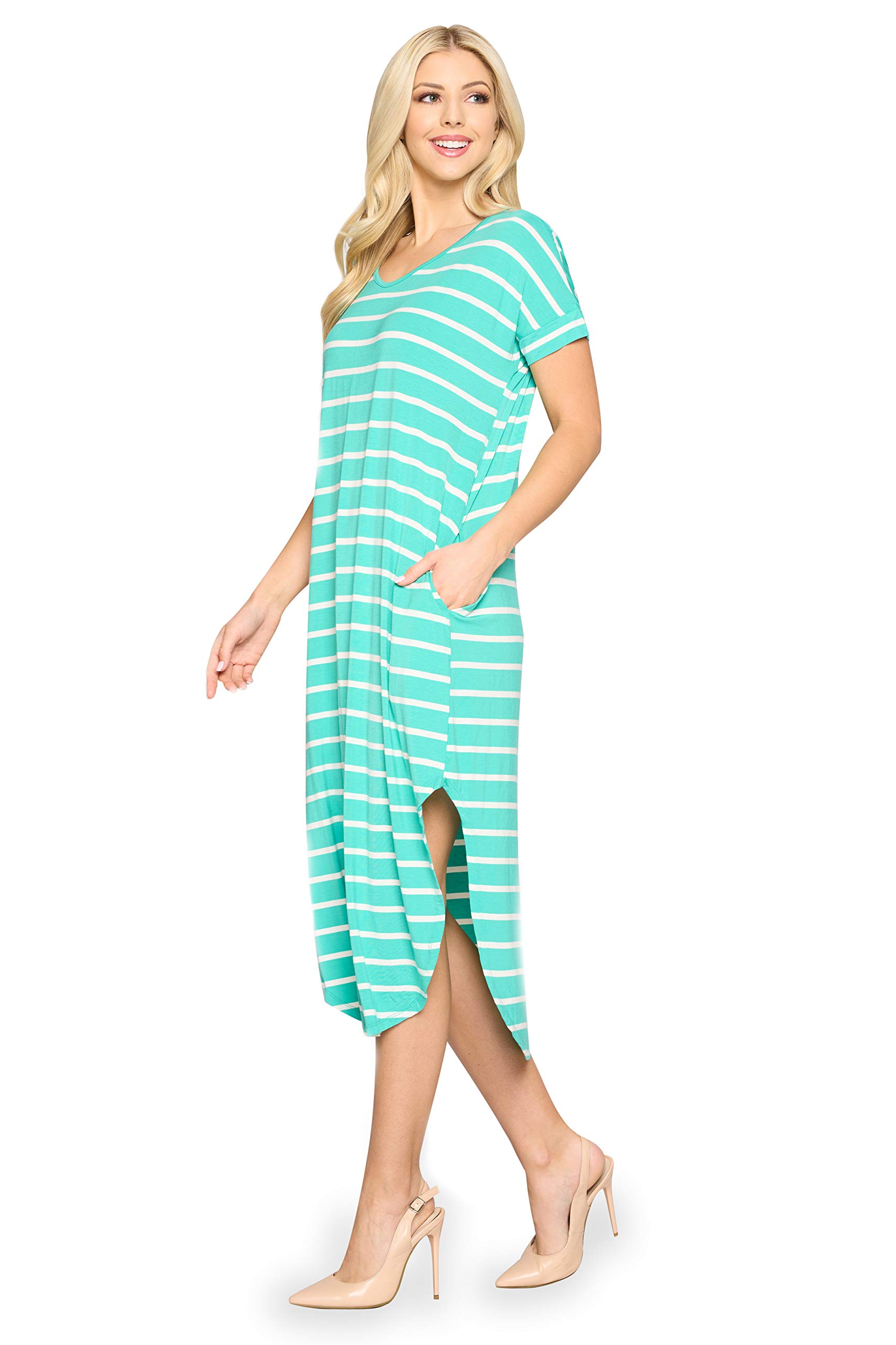 YELETE Women's Striped Curved Hem Flowy Midi Dress with Pockets - Plus Size Summer Casual Dress for Beach, Vacation & Everyday Wear