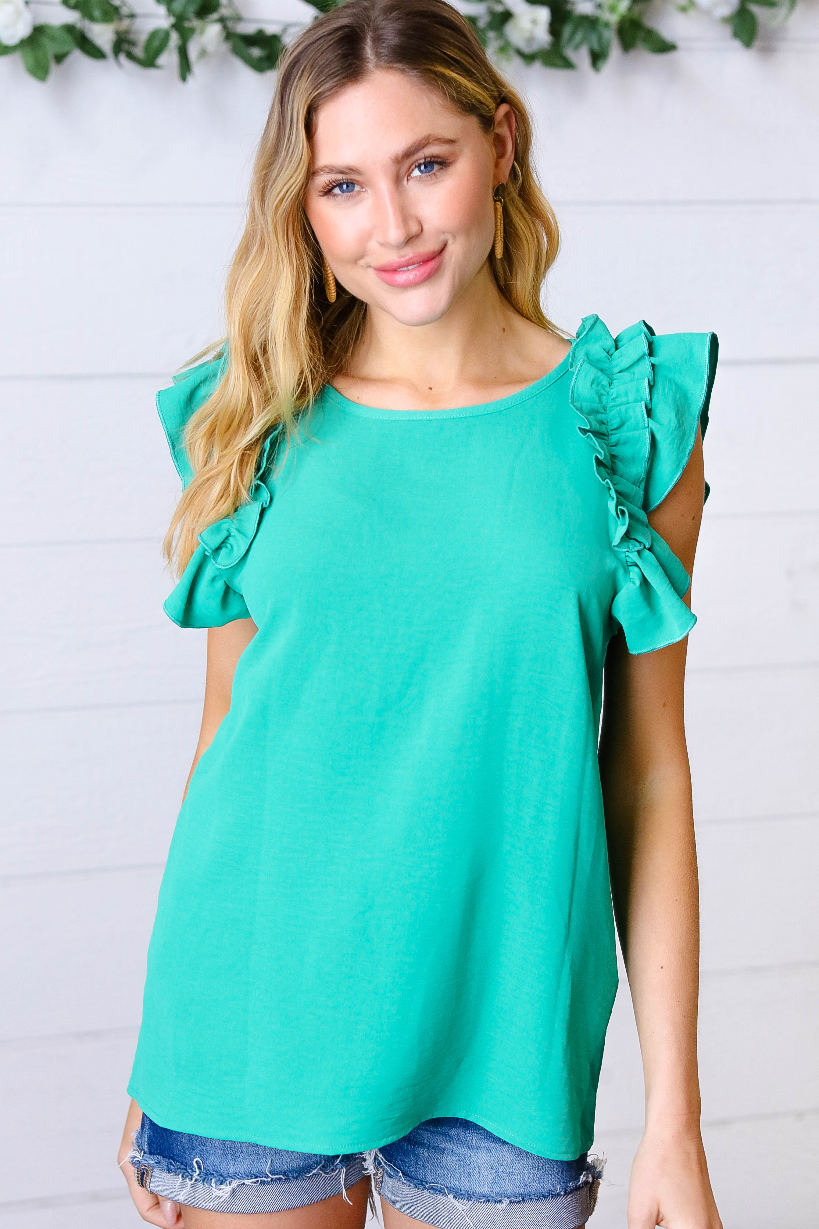 Kelly Green Double Ruffle Sleeve Crinkle Blouse - Women's Fashion Boho Chic Top for Casual Outings, Date Nights & Summer Festivals