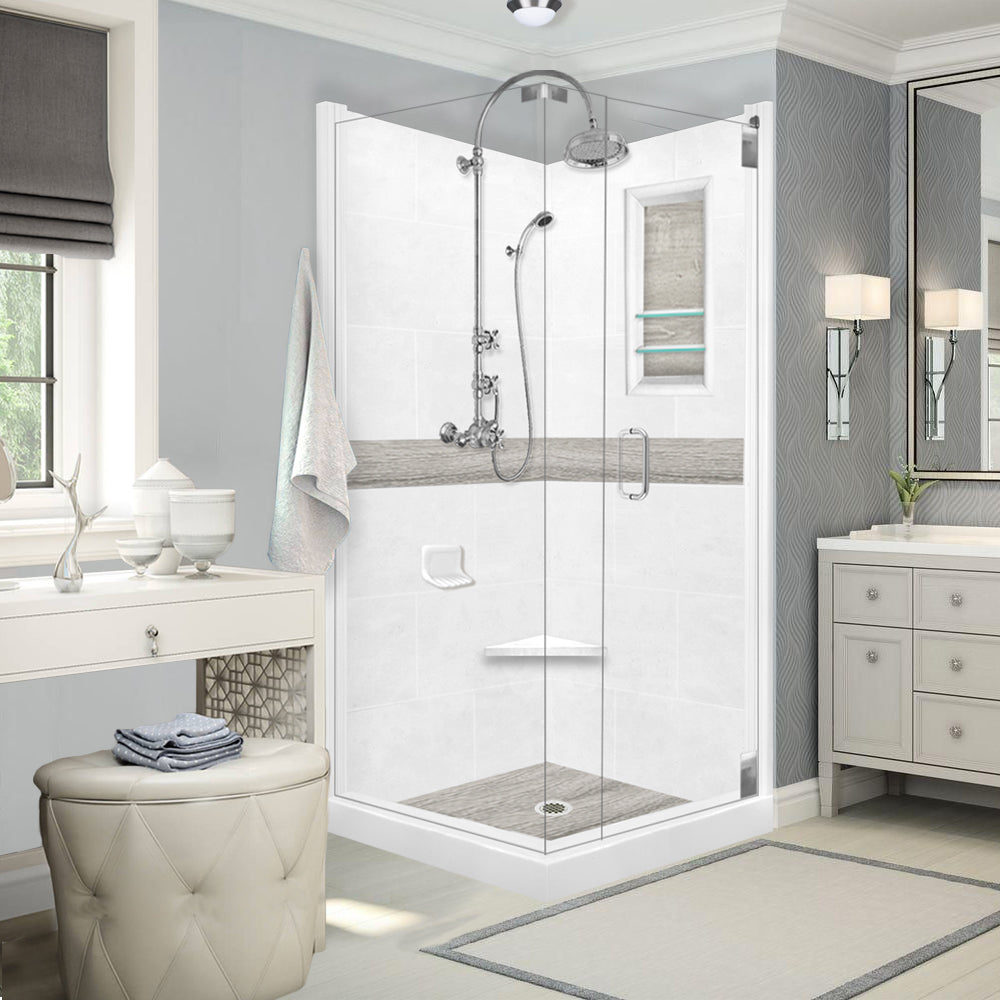 DIY Shower Remodel Kit - Natural Buff Sistine Stone & Sterling Oak Wood Accent Corner Set | Waterproof Bathroom Upgrade for Home Renovation | Perfect for Small Spaces & Modern Bathroom Designs