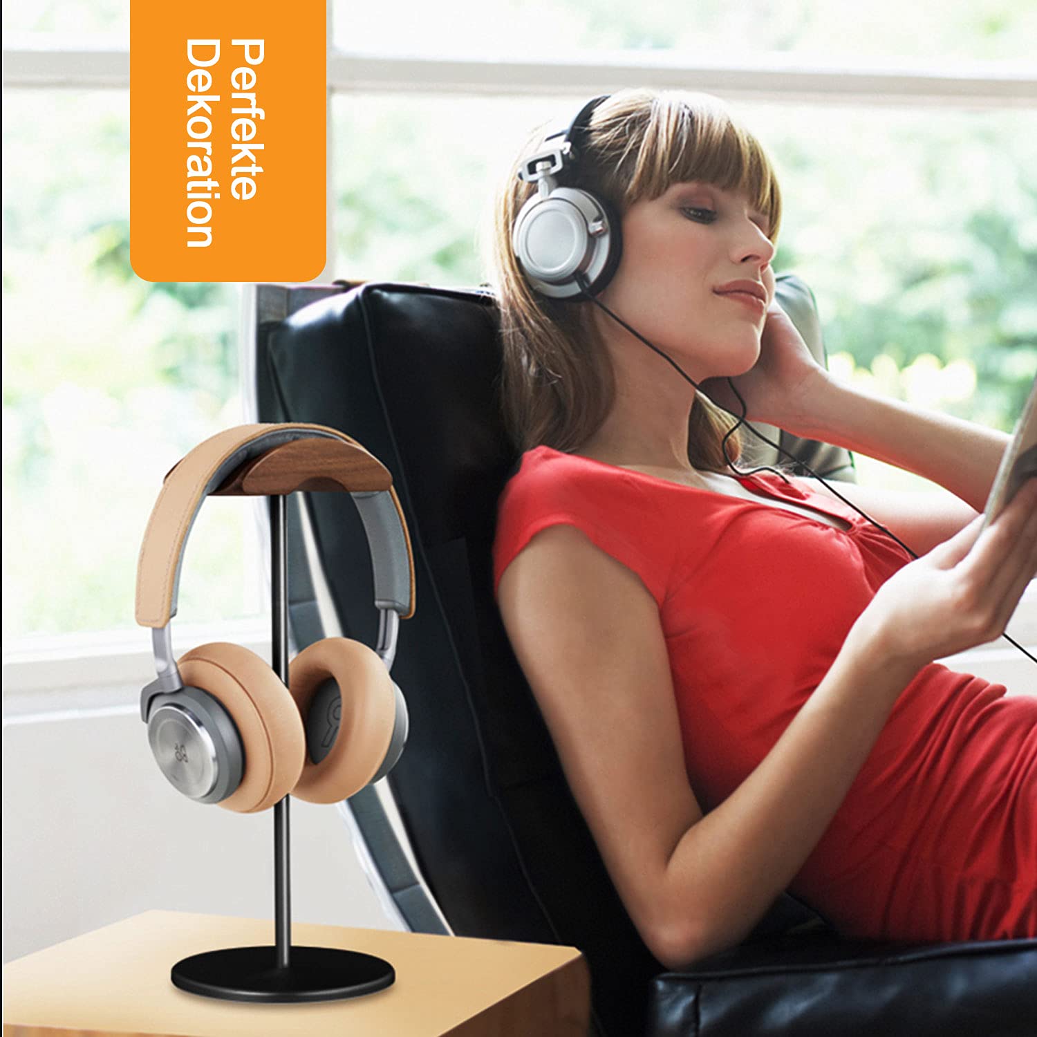 Premium Aluminum & Wood Gaming Headphone Stand with Heavy Base - Durable On-Ear Headset Holder for Gamers & Audiophiles - Perfect for Home Office, Gaming Setup & Studio Organization (Black)
