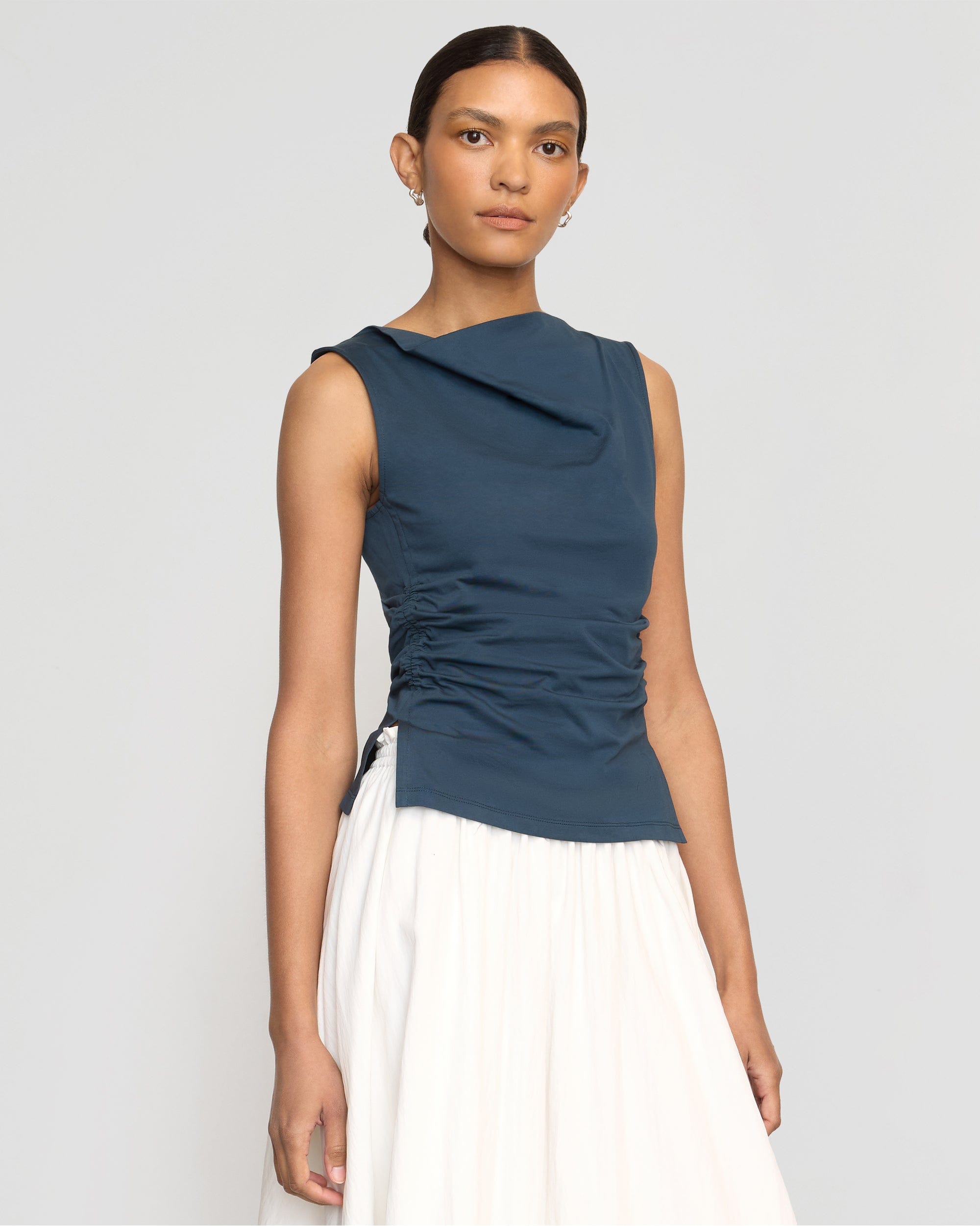 Josie Shirred Side Cowl Neck Tee - Women's Casual T-Shirt for Everyday Wear | Perfect for Work, Dates & Outings