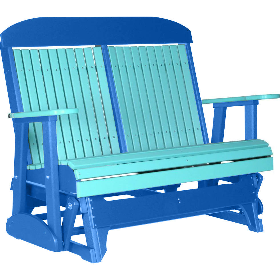 LuxCraft Aruba Blue 4 ft. Recycled Plastic Highback Outdoor Glider Bench - Durable Patio Furniture for Garden, Porch & Backyard Relaxation