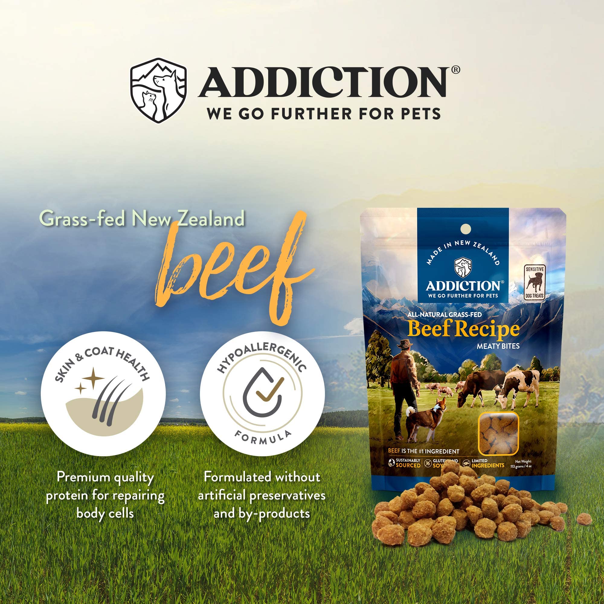 Addiction Meaty Bites Hypoallergenic Dog Treats - High Protein Grain-Free Soft Dog Snacks - Made in New Zealand - Beef Flavor (4oz x 3 Packs) - Perfect for Training, Rewards & Sensitive Stomachs
