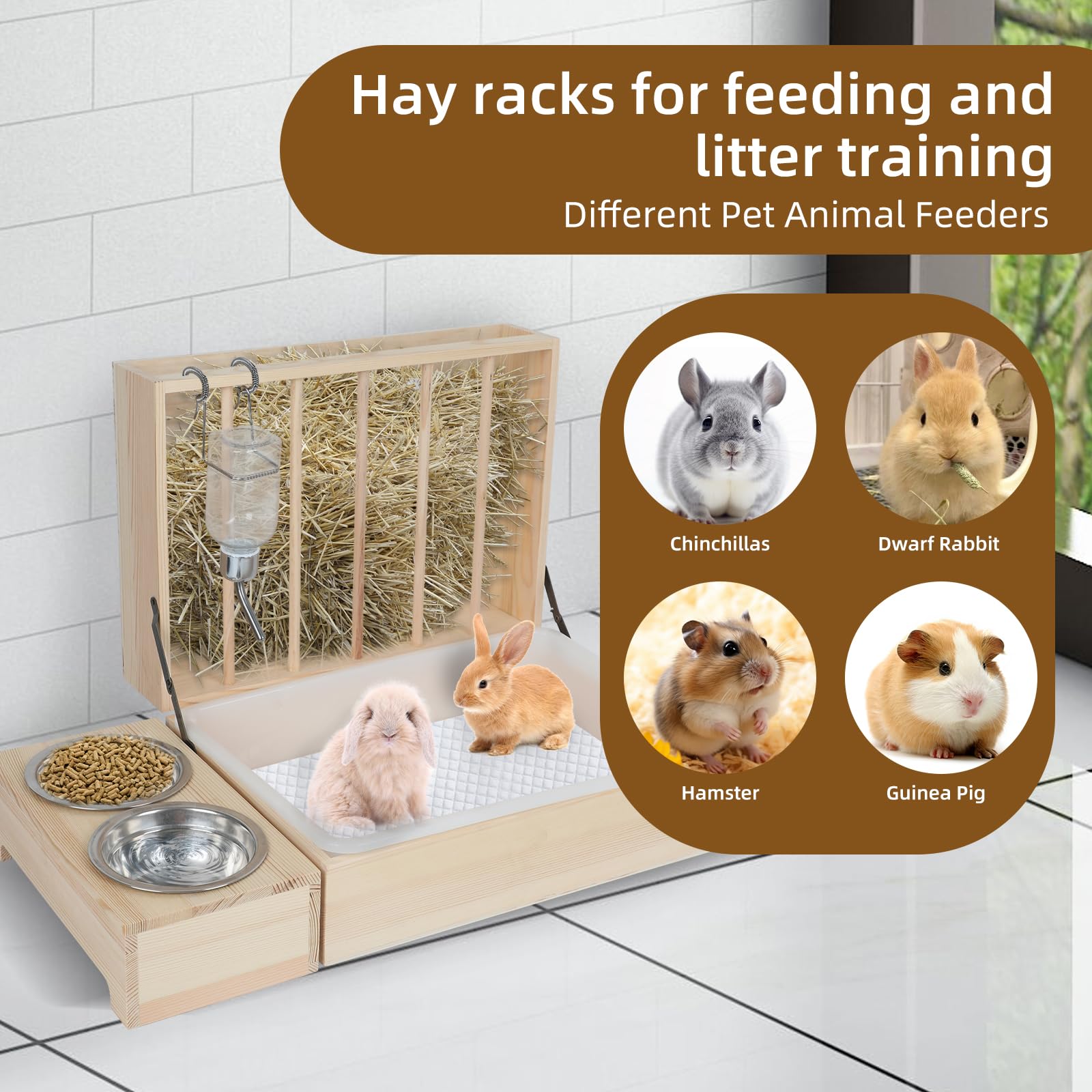 4 in 1 Rabbit Hay Feeder with 500ml Water Bottle, Food Bowl & Litter Box - Foldable Small Pet Cage Accessories for Clean & Healthy Habitat - Perfect for Indoor Bunny Cages, Hutch Enrichment, and Small Animal Care