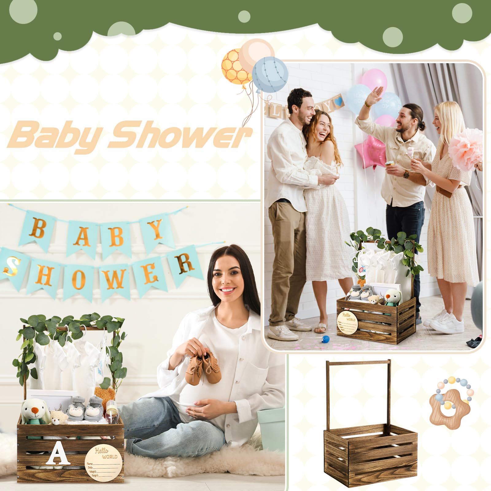 Barydat Wooden Baby Shower Crate - Handmade Nursery Storage Basket with Handle, Pregnancy Announcement Sign & Garland Hangers - Perfect for New Parent Gifts, Gender Reveal Parties & Nursery Decor (Brown)