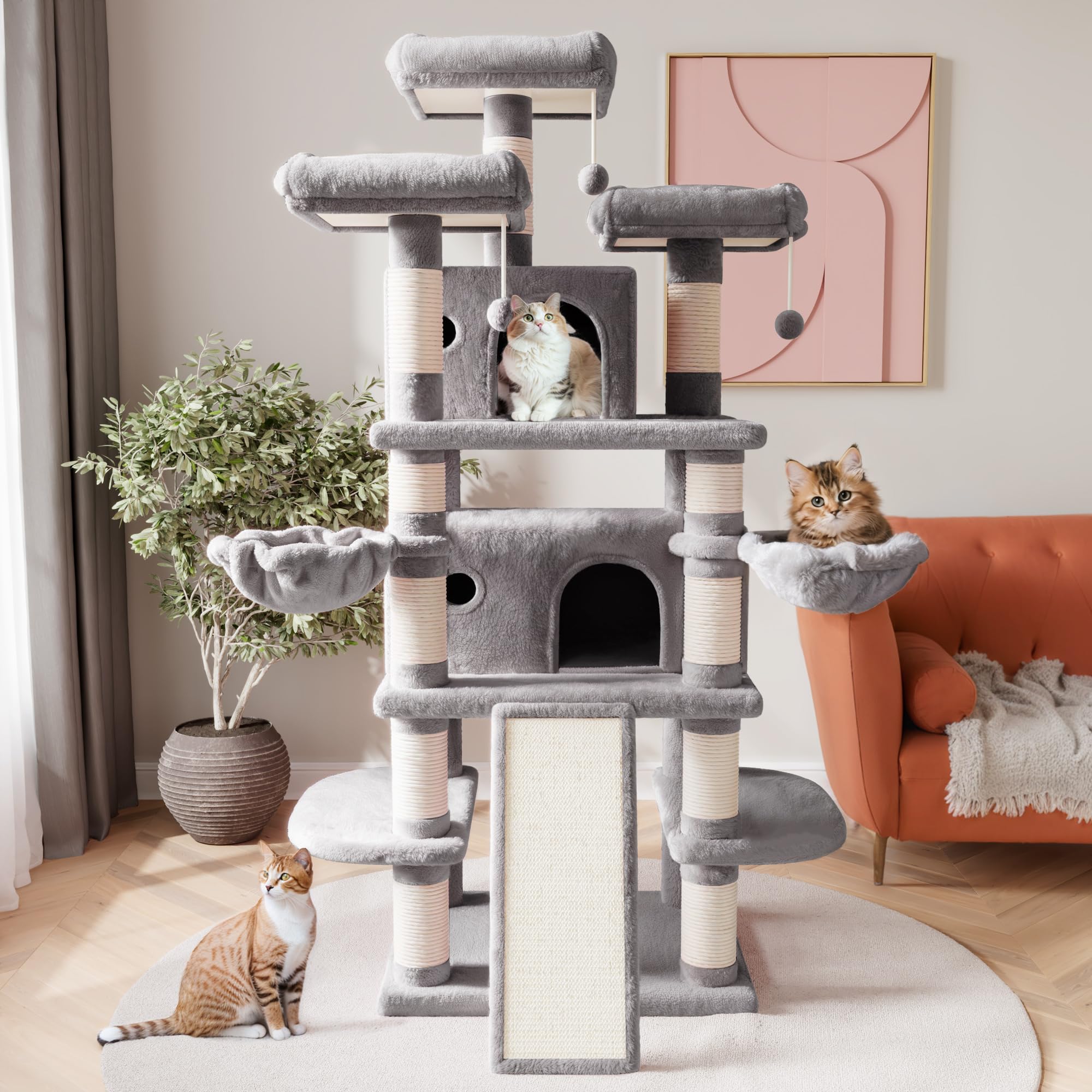 SHA CERLIN 68 Inches Multi-Level Large Cat Tree for Big Cats - Sturdy Cat Tower with Condo, Plush Perches, Sisal Scratching Posts & Hammocks - Grey - Perfect for Indoor Play, Climbing & Scratching Needs