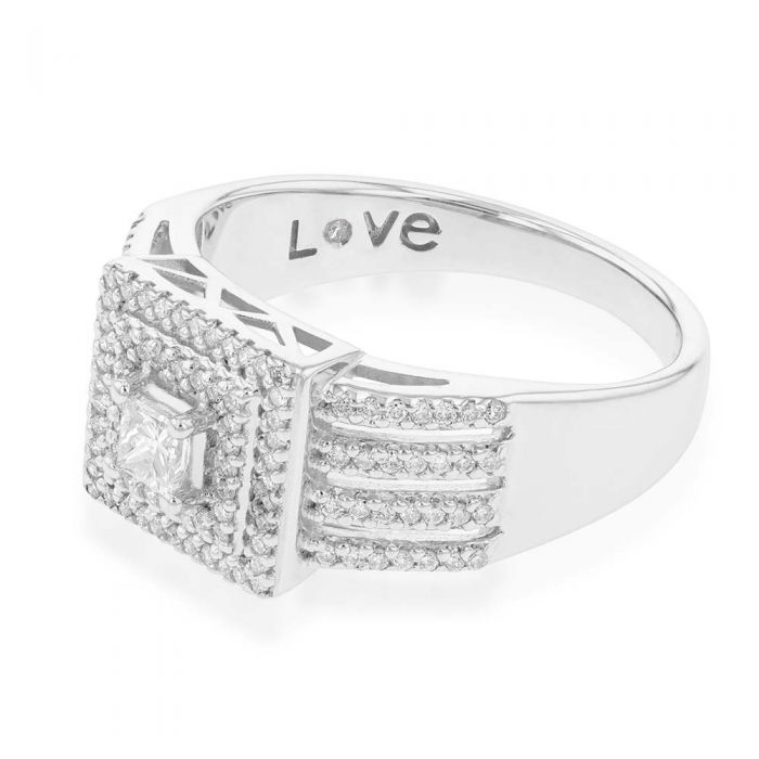 9ct White Gold 0.90 Carat Diamond Halo Engagement Ring with Princess & Brilliant Cut Diamonds - Perfect for Proposals, Anniversaries & Special Occasions