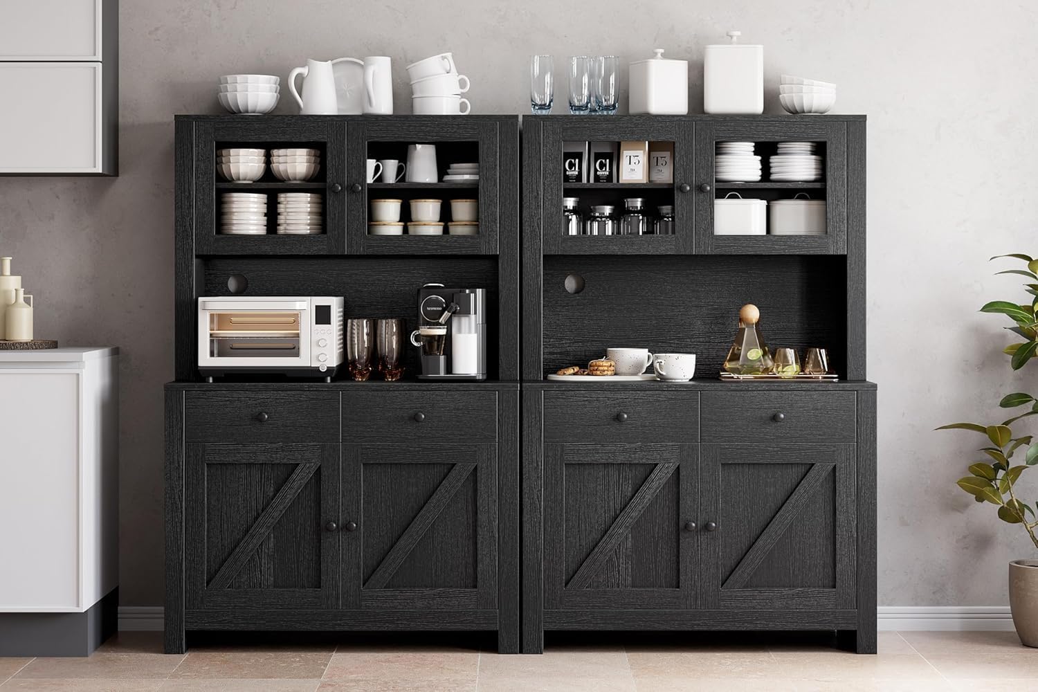 Freestanding Kitchen Pantry Cabinet with Microwave Stand & Adjustable Shelves - Buffet Hutch Cupboard for Dining Room & Kitchen Storage - Black (Ideal for Small Spaces & Apartment Living)