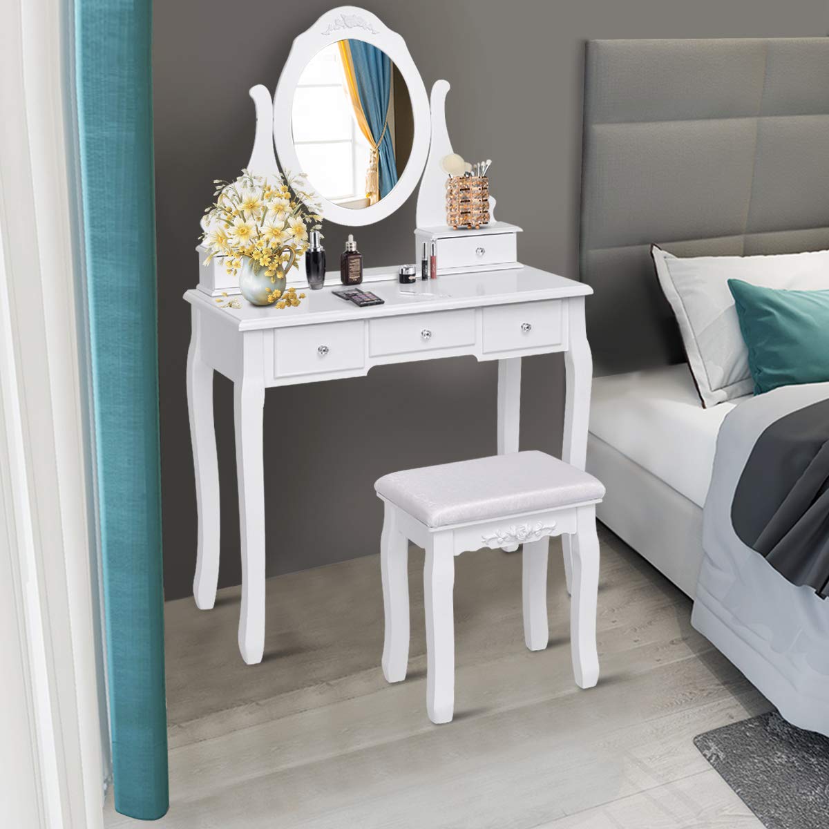 Giantex White Vanity Set with Oval Mirror & Cushioned Stool - 5-Drawer Makeup Dressing Table with Large Storage, Mirrored Bedroom Vanity for Women, Girls & Kids - Easy Assembly for Home, Bedroom & Beauty Room Decor
