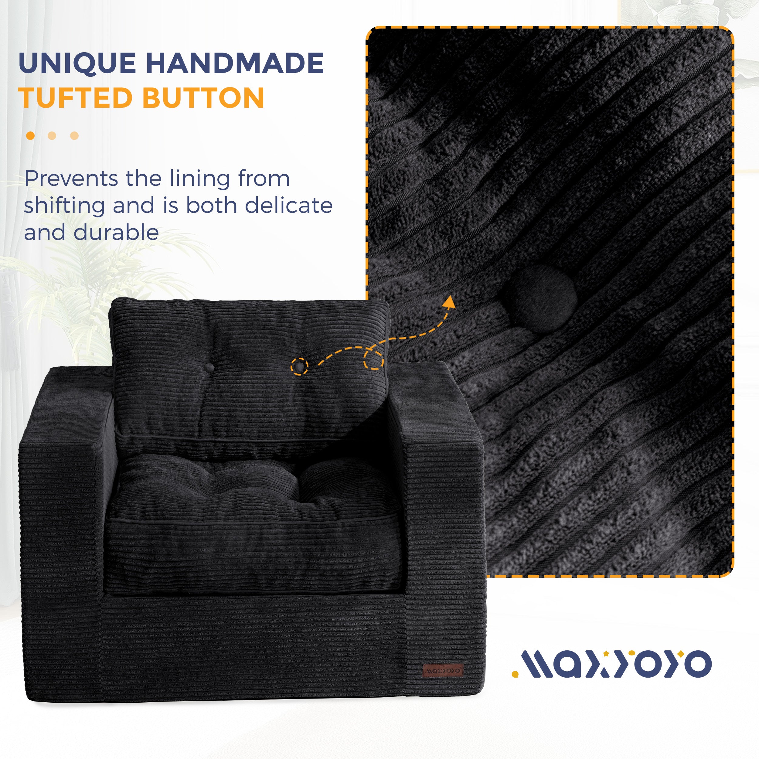 MAXYOYO Bean Bag Chair for Adults - Upholstered Floor Sofa with Armrests, Boneless Couch with Tufted Cushion & Backrest | Sofa in A Box for Living Room, Bedroom, Dorm | Perfect for Relaxing, Gaming & Movie Nights (Black)