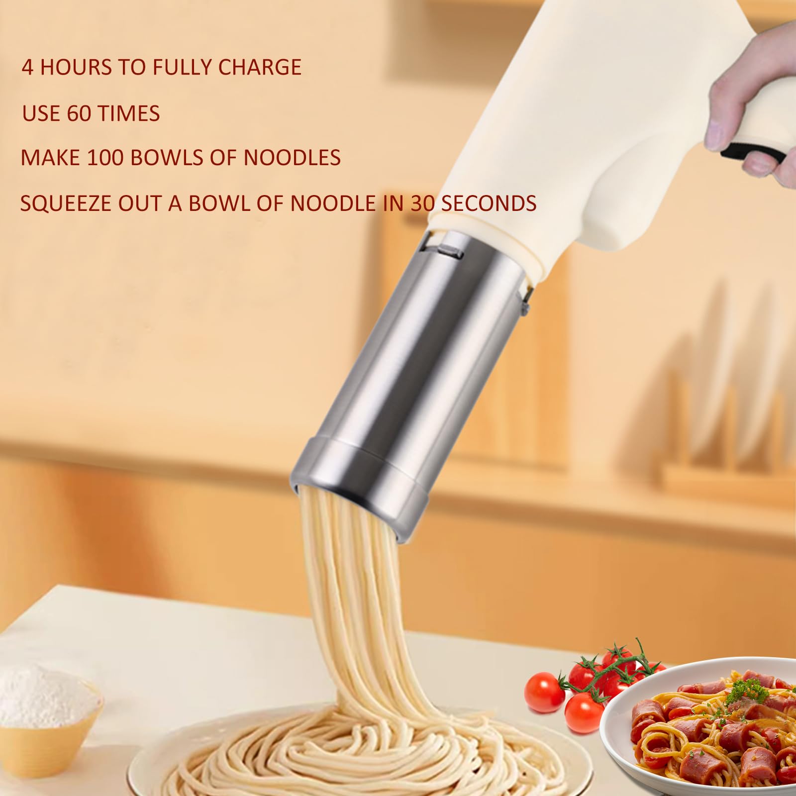 6-in-1 Rechargeable Electric Pasta Maker Machine - Portable Handheld Noodle Maker with 5 Pasta & 3 Sausage Molds - Cordless Spaghetti Ramen Cooker for Homemade Italian, Asian & Healthy Meals - Perfect for Kitchen, Camping & Small Apartments