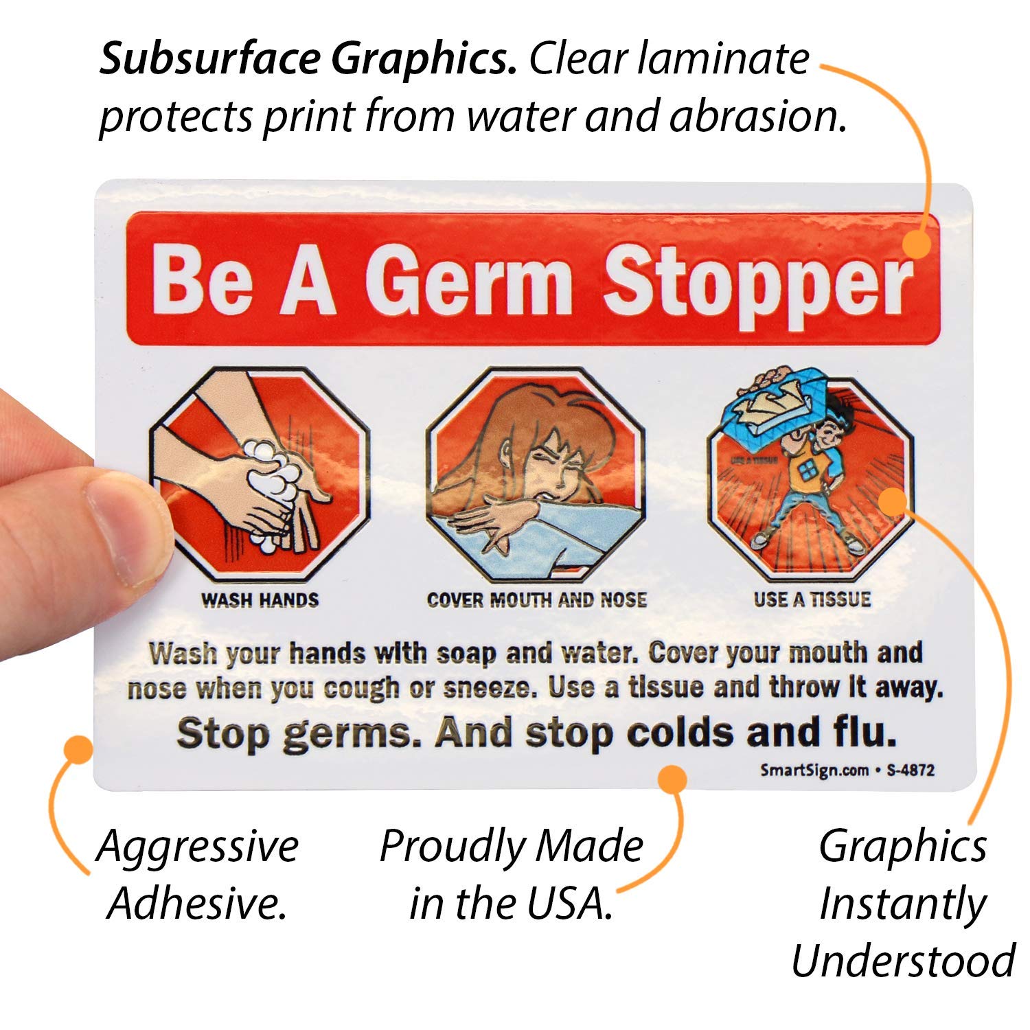 SmartSign 'Be A Germ-Stopper' Hand Washing Stickers for School, Office & Bathroom - 3.5