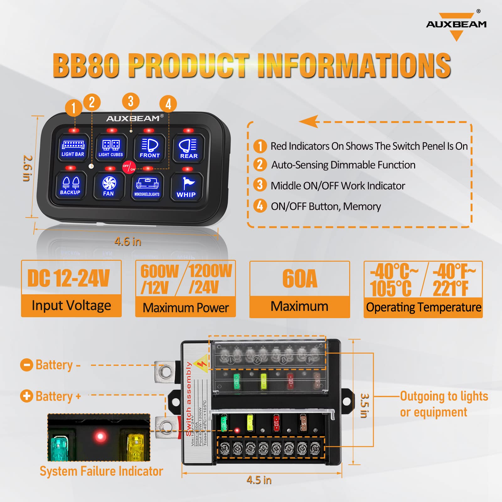 **Auxbeam 8 Gang Switch Panel BB80 - Universal Circuit Control Relay System with Auto Dimmable LED Touch Switch for Car, Truck, Boat, ATV & UTV - Blue (2-Year Warranty) - Perfect for Off-Roading, Marine & RV Upgrades**