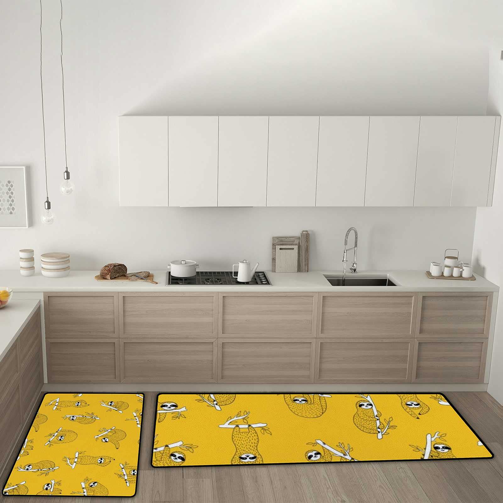 Non-Slip Cute Baby Sloths Kitchen Rug Set - 2 PCS Anti-Fatigue Water Absorbent Foam Floor Mats (17.7x58 INCH + 17.7x29 INCH) for Kitchen, Bathroom & Entryway - Rashu Pattern Comfort Carpet