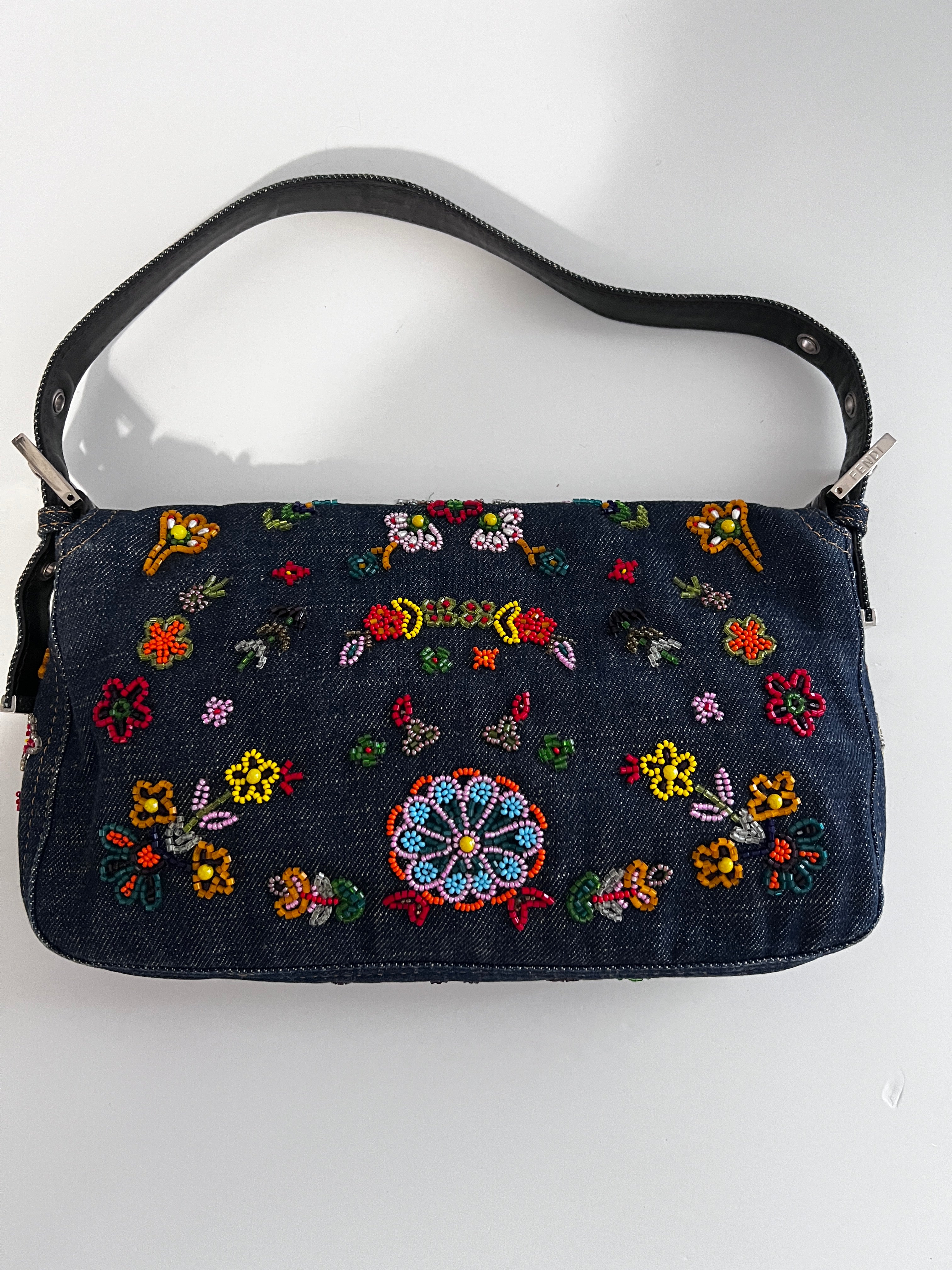 Fendi 15th Anniversary Limited Edition Denim Floral Beaded Baguette Handbag - Perfect for Parties, Weddings & Special Occasions