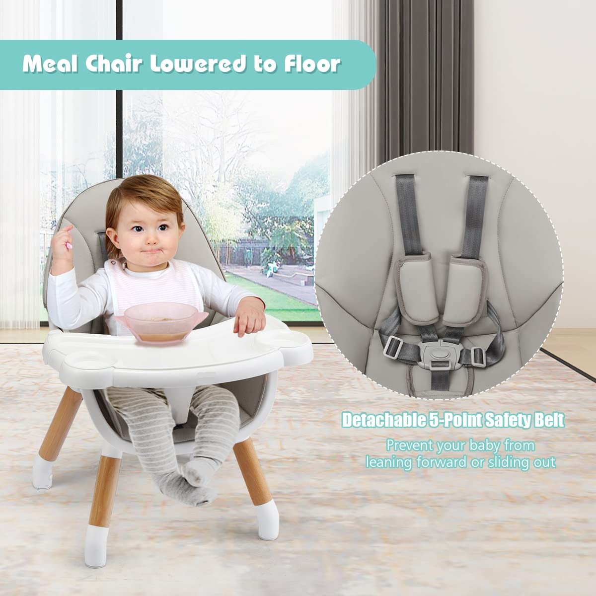 INFANS 5-in-1 Convertible Baby High Chair with 5-Point Safety Harness, Detachable Tray & Wipeable Cushion - Wooden Dining Chair, Booster Seat, Table & Chair Set for Toddlers & Infants (Grey) | Perfect for Feeding, Playtime & Learning Activities at Home