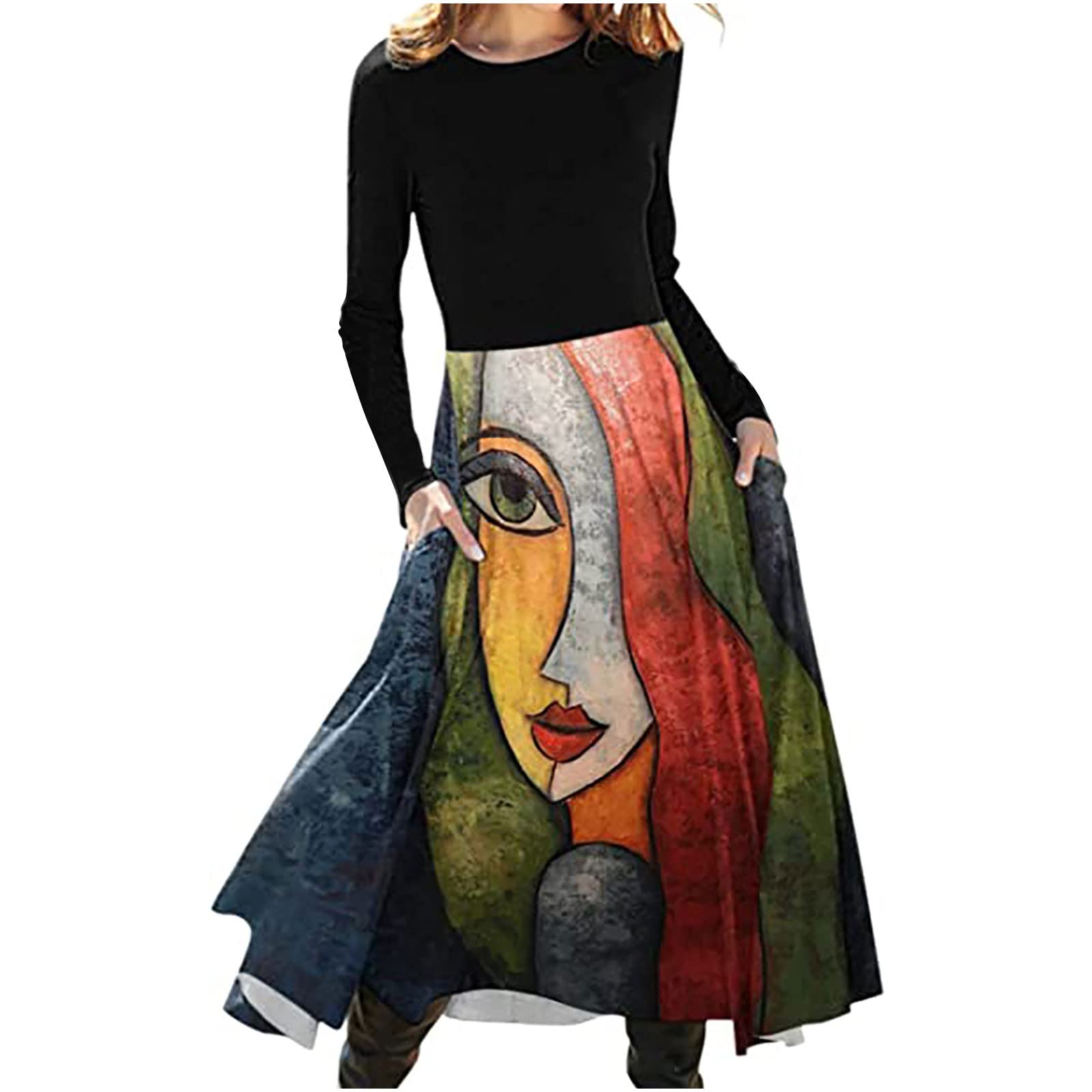 Women's Plus Size Long Sleeve Maxi Dress - Casual Loose A-Line Swing Dress with Pockets | Elegant Plain Design for Everyday Wear, Office, and Special Occasions
