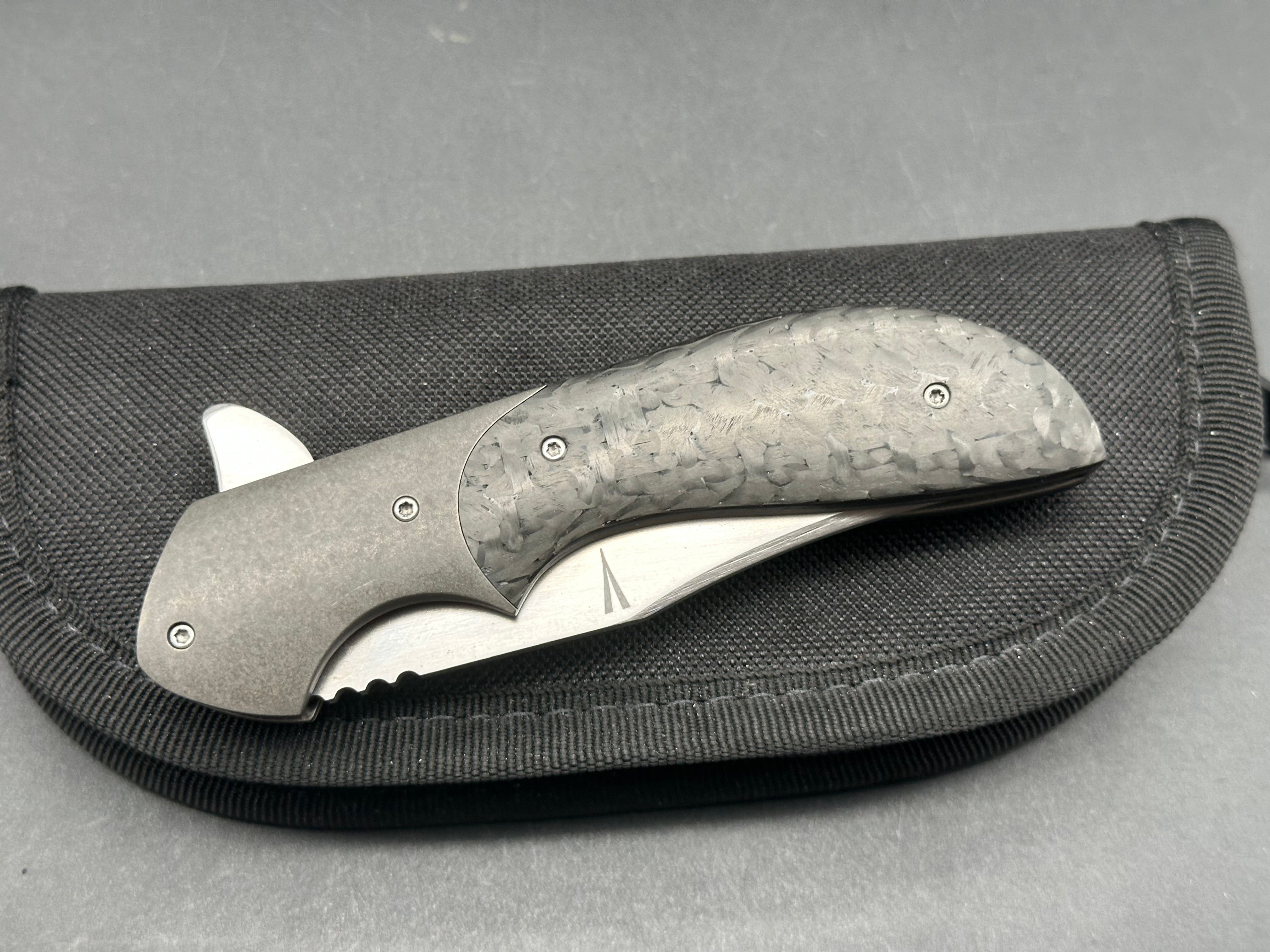 Jeff Vandermeulen Custom Mini Folding Knife - Hand-Rubbed Satin Blade, Titanium Handle with Carbon Fiber Inlay, Tip-Up Mokuti Clip - EDC, Outdoor, Camping & Everyday Carry Pocket Knife