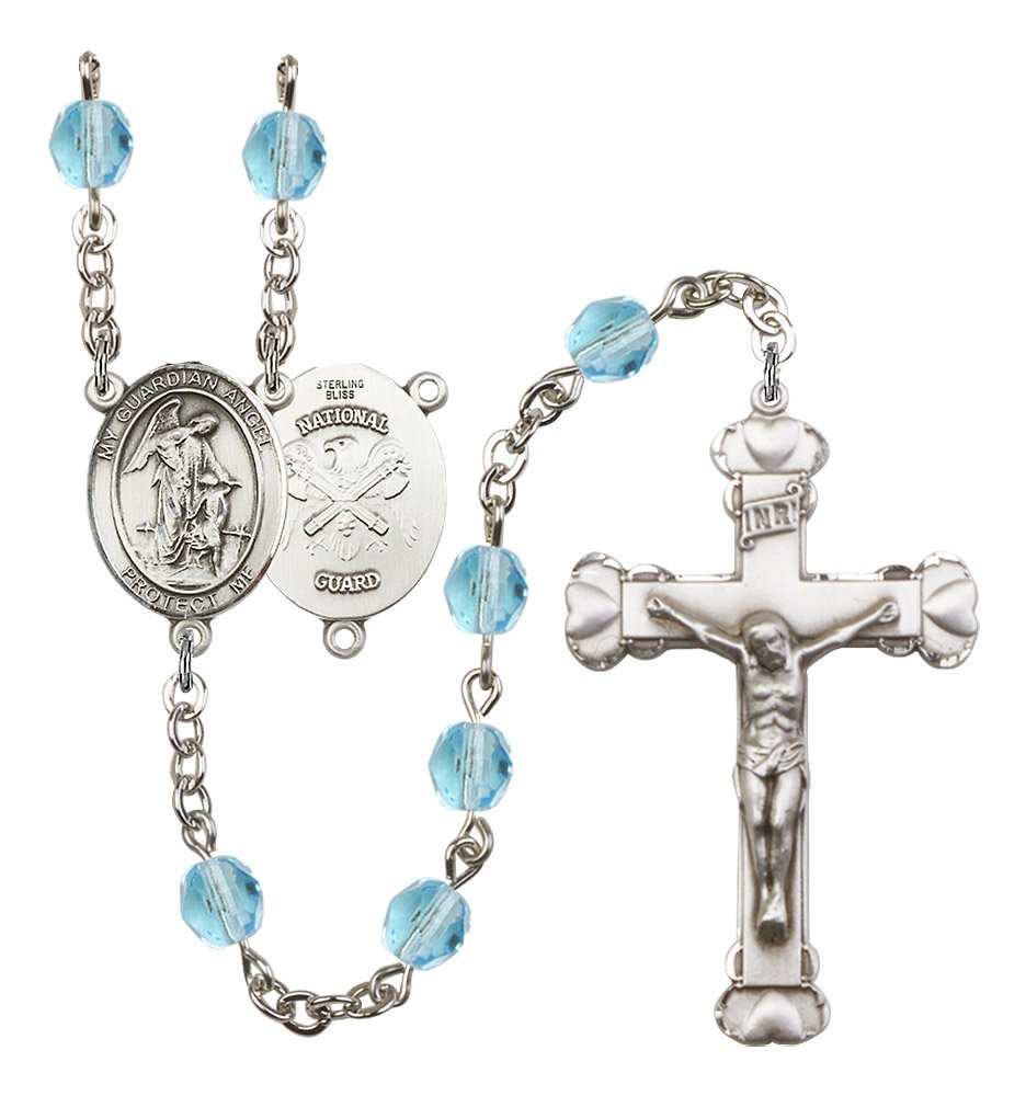 Silver Plated Rosary with 6mm Aqua Fire Polished Beads - 1 5/8 x 1 Crucifix & Guardian Angel/Nat'l Guard Medal Centerpiece - Perfect for Prayer, Military Service Gifts & Catholic Devotions