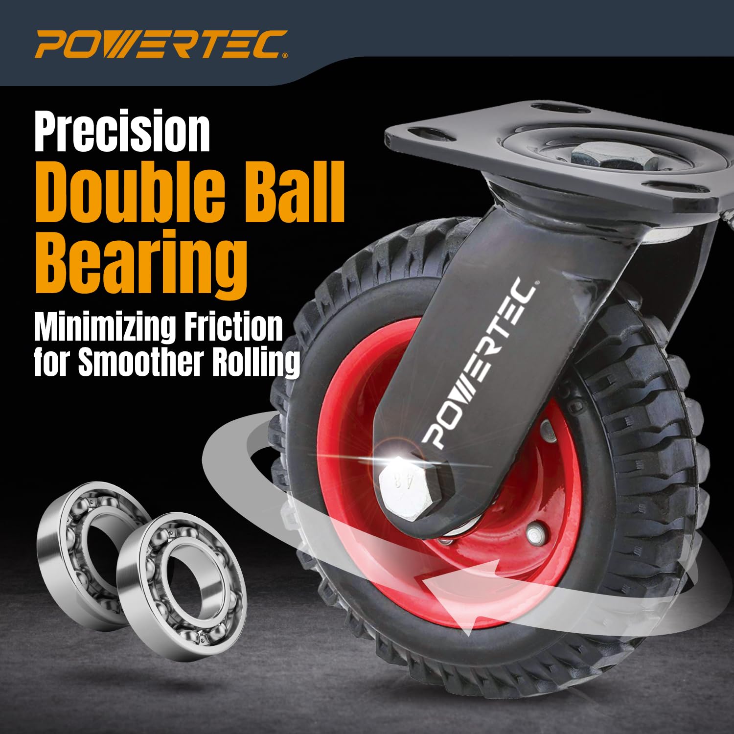 POWERTEC 6 Inch Heavy Duty Caster Wheels Set of 4 (2 Swivel & 2 Fixed) - Large Rubber Knobby Tread Casters for Workbench, Dolly, Cart, Trolley, Wagon, Chicken Coop - Ideal for Workshop, Garage, Warehouse & Industrial Use (17054V)