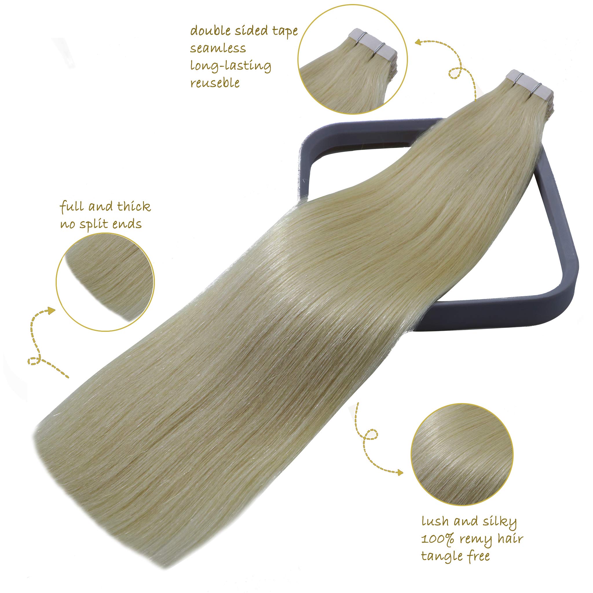 WindTouch Tape in Hair Extensions - Double Sided Adhesive Tape for Platinum Blonde Human Hair Extensions (50g, 16 Inch, 20 Pieces) | Seamless Straight Full End | Natural Real Human Hair for Everyday Styling & Special Occasions