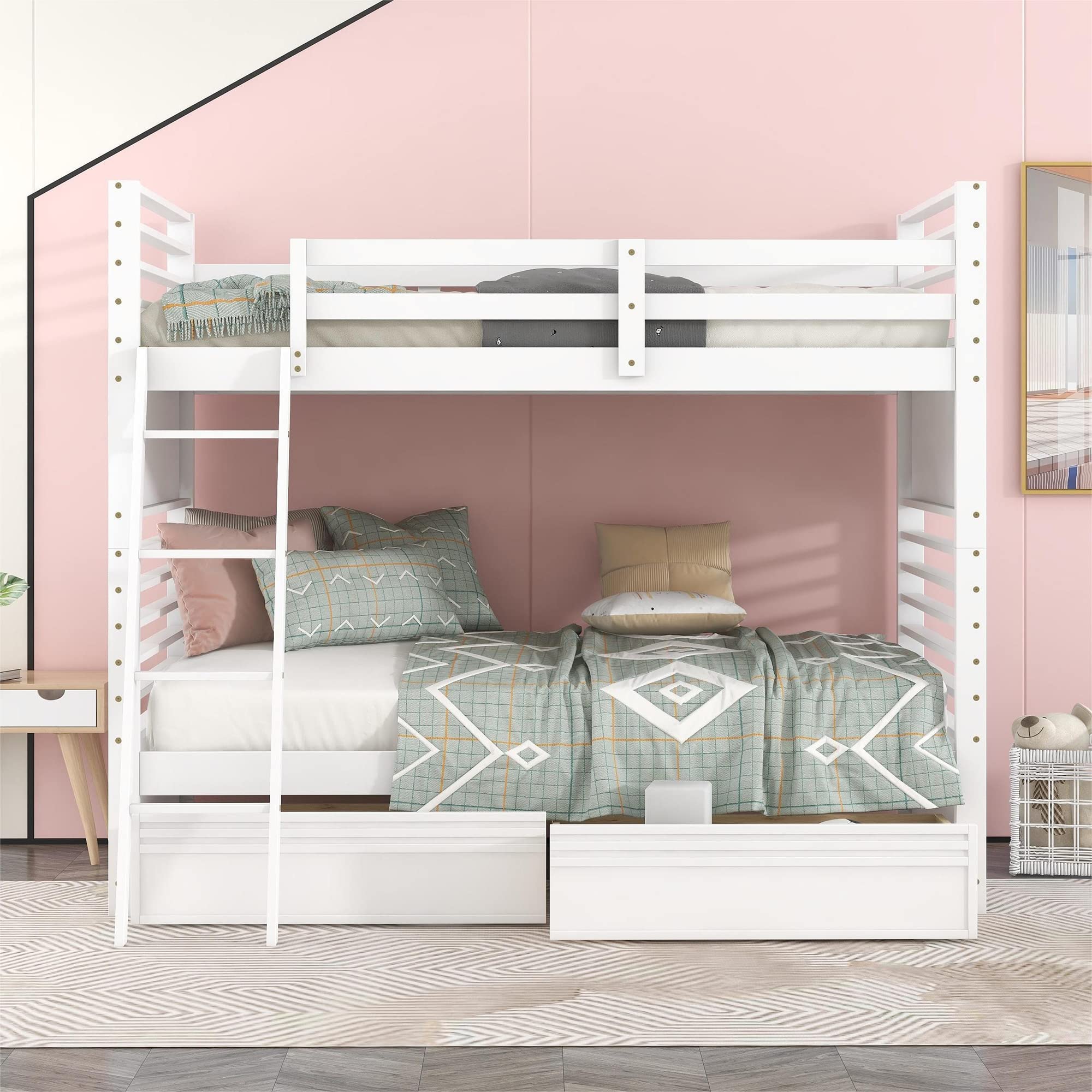 Solid Wood Twin Over Twin Bunk Beds for Kids - Convertible to 2 Separate Beds with Storage Drawers, Guardrails & Angle Ladder | Space-Saving Kids Bedroom Furniture for Boys, Girls & Teens | No Box Spring Needed (White) - Perfect for Shared Rooms, Sleepovers & Small Spaces