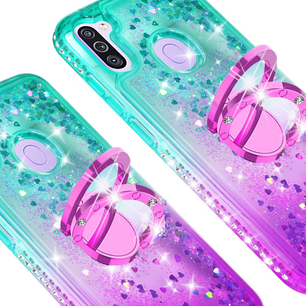 SOGA Rhinestone Liquid Quicksand Phone Case for Samsung Galaxy M11 - Sparkly Glitter Cover with Embedded Ring for Magnetic Car Mount & Lanyard, Cute Protective Case for Girls (Purple/Teal) - Perfect for Daily Use, Work, School & Travel