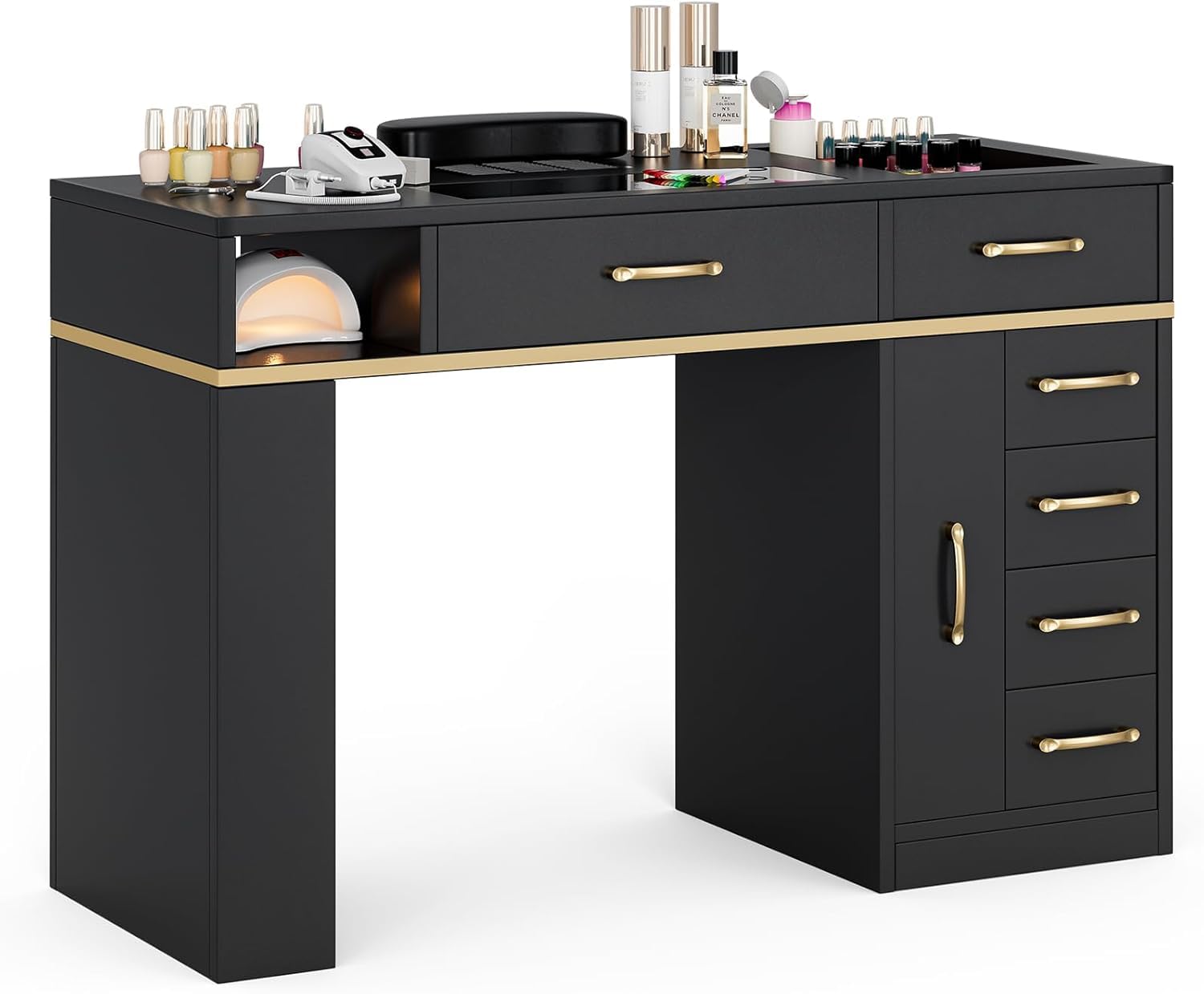 Professional Manicure Table Nail Station for Salon & Home Use - Glass Top Nail Tech Table with Electric Dust Collector, 7 Drawers & 3-Tier Shelves, Beauty Workstation with Wrist Cushion & Golden Handles (Black) - Perfect for Nail Artists, Home Salons & Professional Nail Technicians