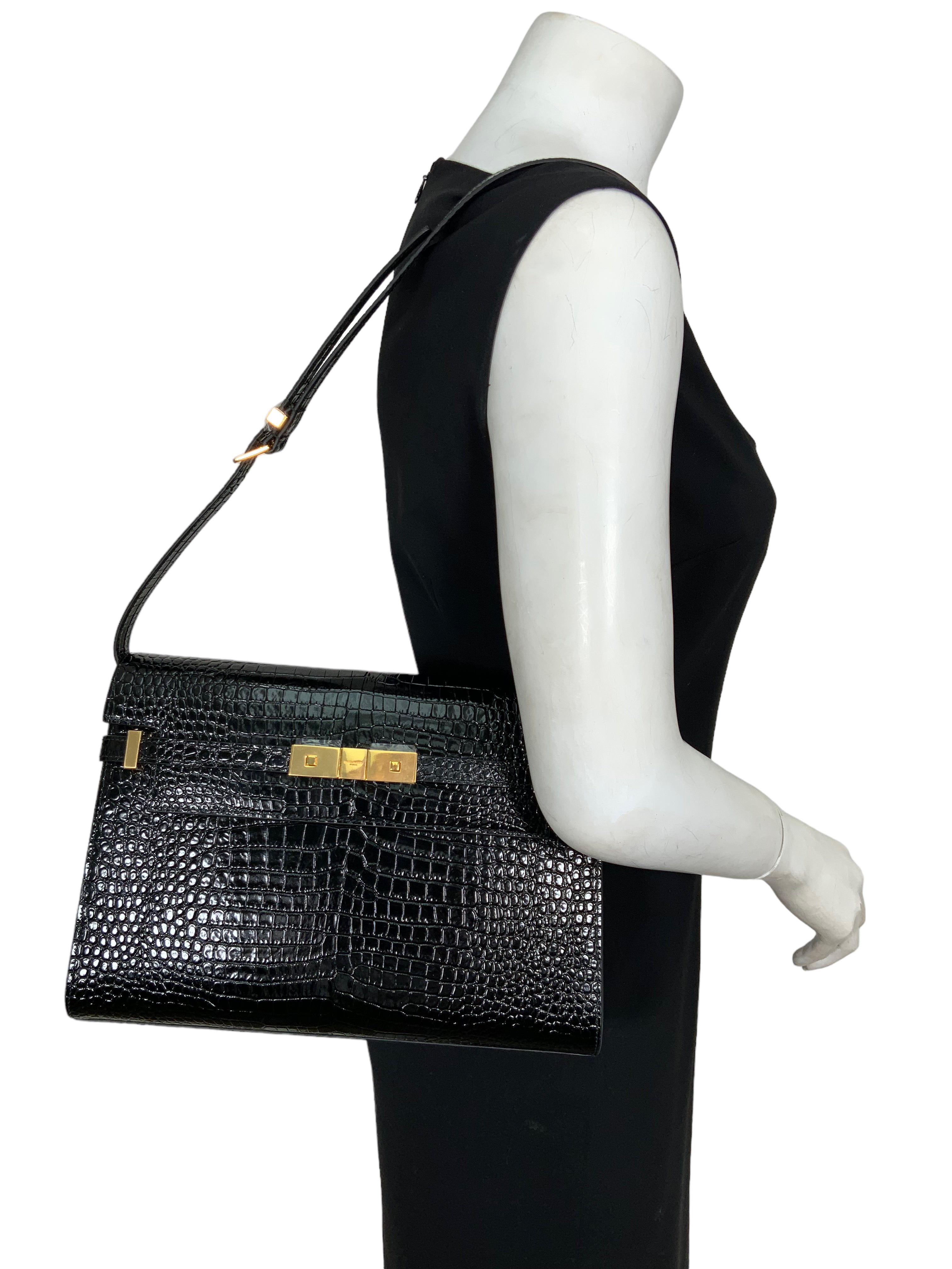SAINT LAURENT Manhattan Crocodile Embossed Patent Leather Shoulder Bag for Women - Luxury Designer Handbag for Work, Travel & Evening Events