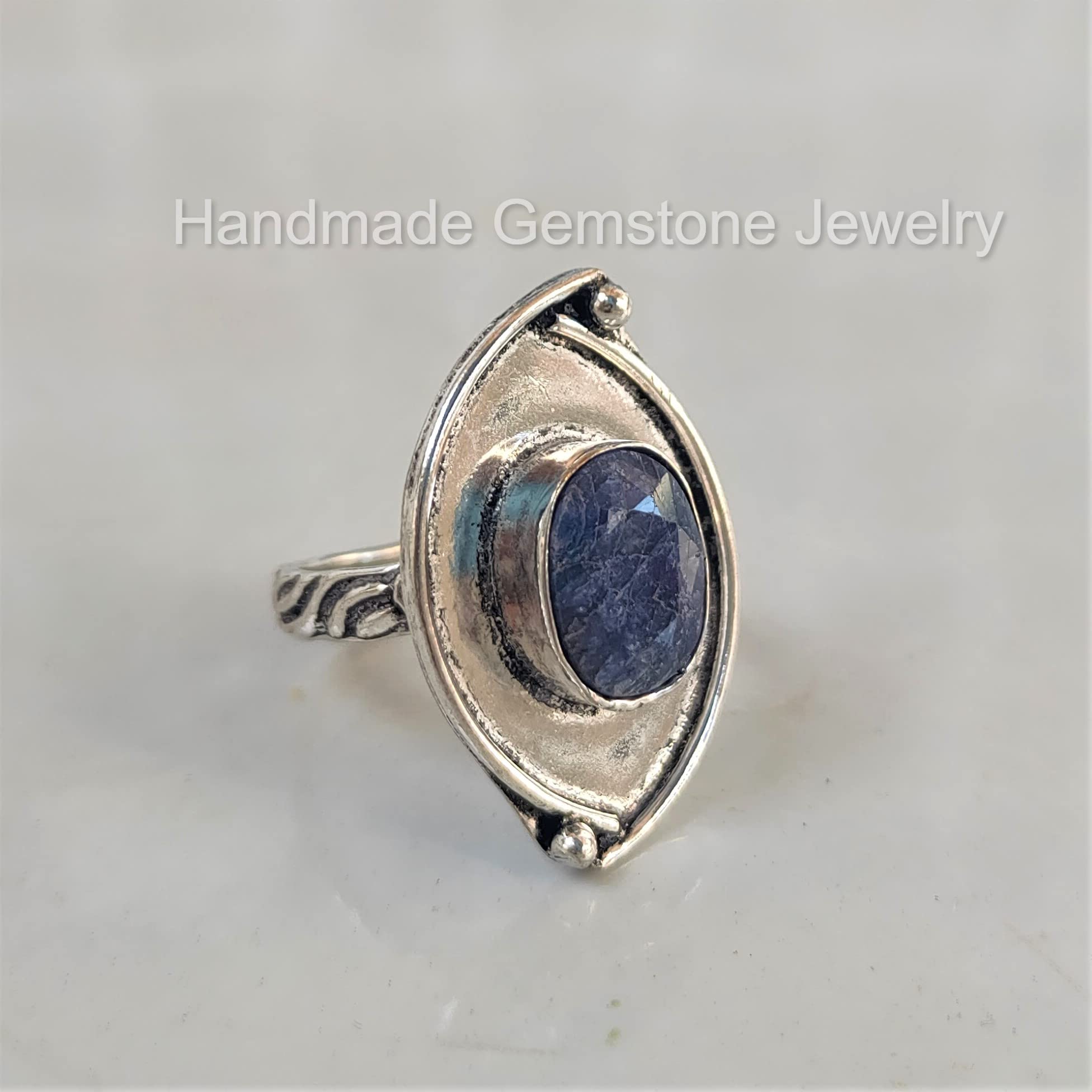 Exquisite Oval Sapphire Ring – Designer Wedding Band with Raw Blue Stone, September Birthstone Jewelry | Unique Marquise Design for Unisex Promise Rings & Special Occasions