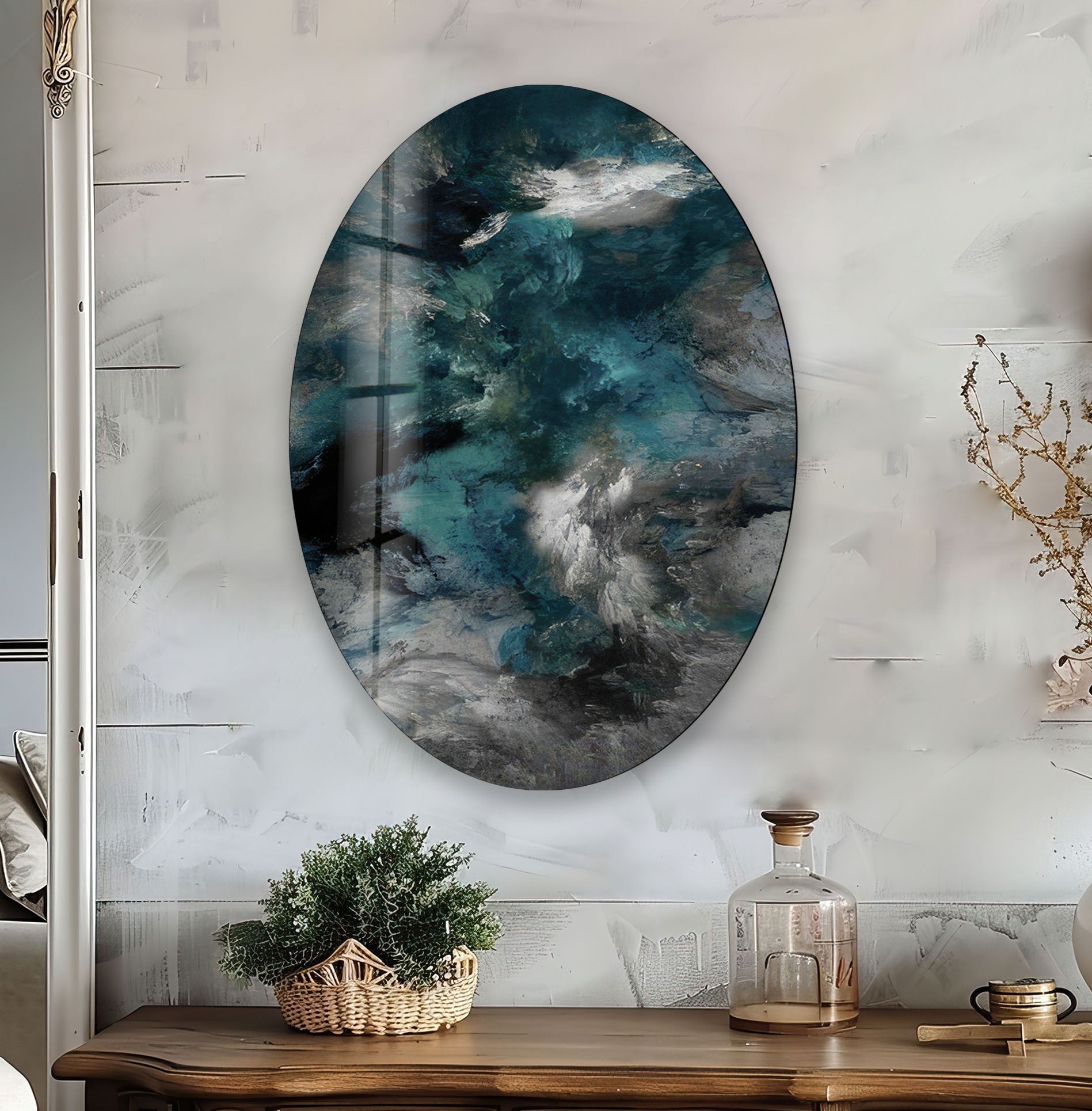 Abstract Smokey Glass Wall Art - Modern Asymmetric Oval Design for Living Room, Bedroom & Office Decor - Handmade Glass Artwork for Home & Interior Design