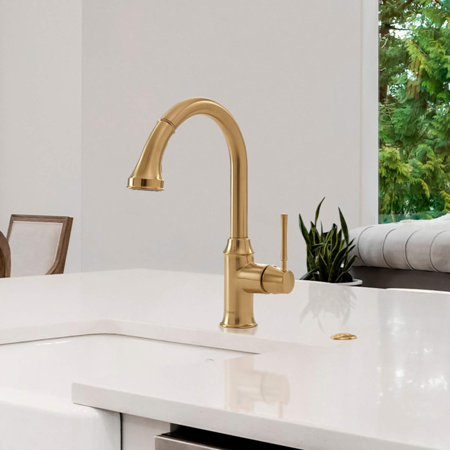 Hansgrohe Talis C Gold High Arc Pull-Down Kitchen Faucet with Sprayer - Brushed Gold Finish (Model 04215250) - Perfect for Modern Farmhouse & Luxury Kitchen Renovations