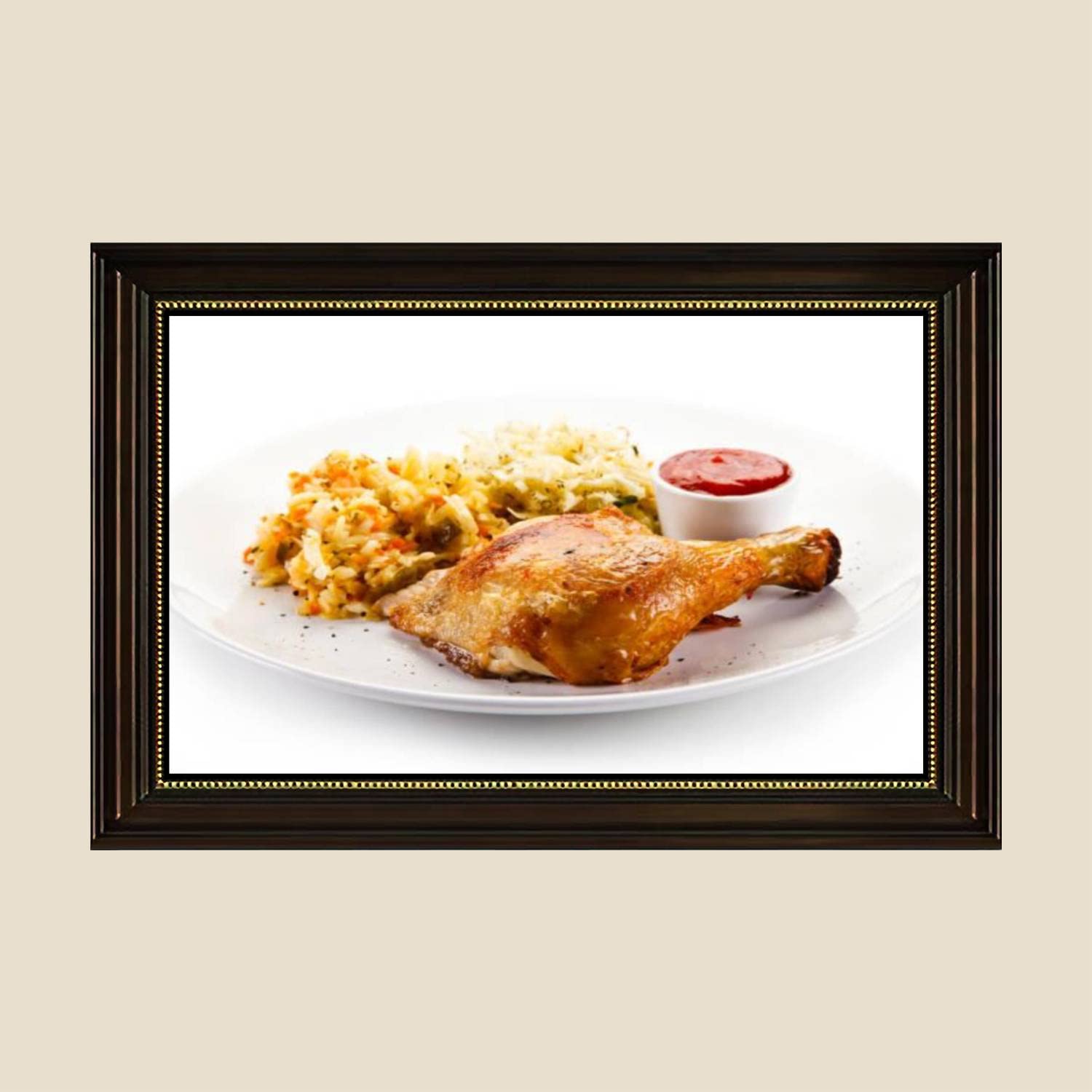 Fried Chicken & Vegetable Salad Canvas Wall Art Print - 24x36 Inch Retro Framed Painting Poster - Ready to Hang Home Decor for Living Room, Bedroom, Kitchen & Dining Area - Perfect for Food Lovers & Farmhouse Style Interiors