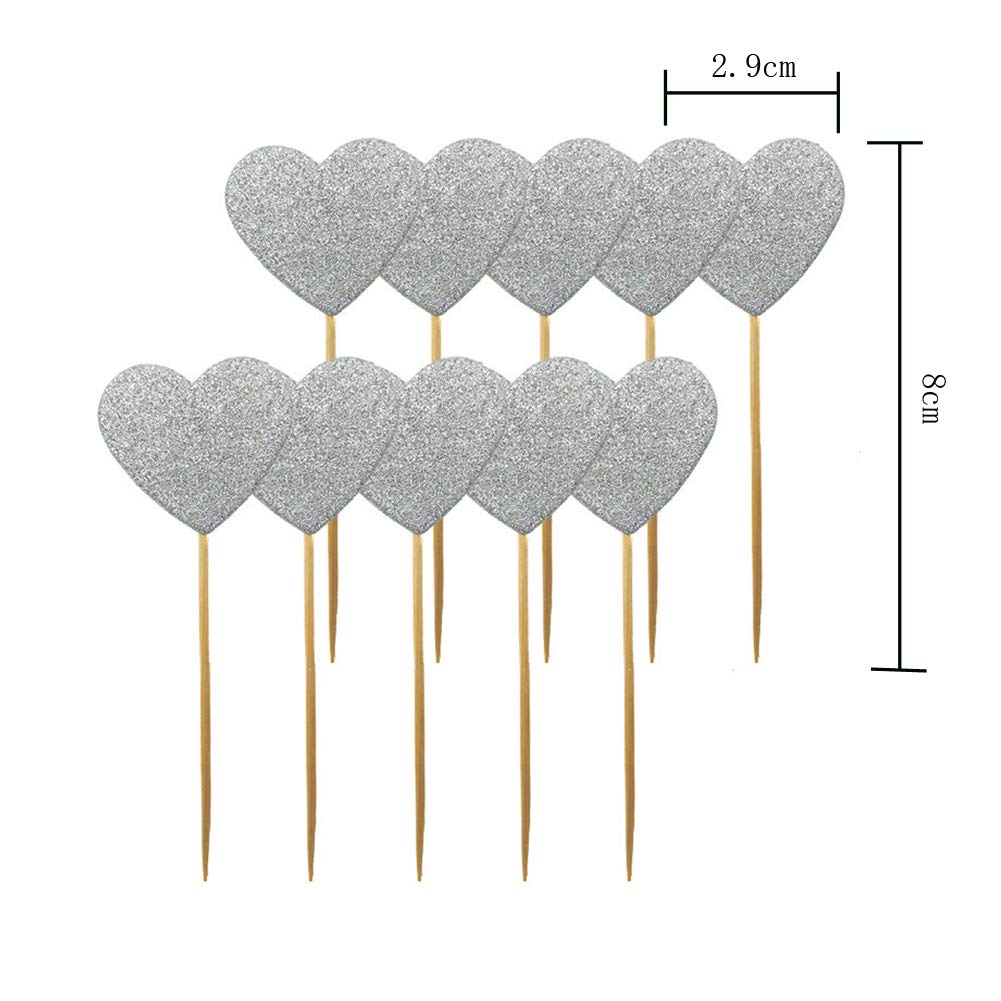 50 Glitter Heart Cupcake Toppers - Silver | Birthday, Wedding & Baby Shower Cake Decorations | Perfect for Party Desserts, Celebrations & Special Events
