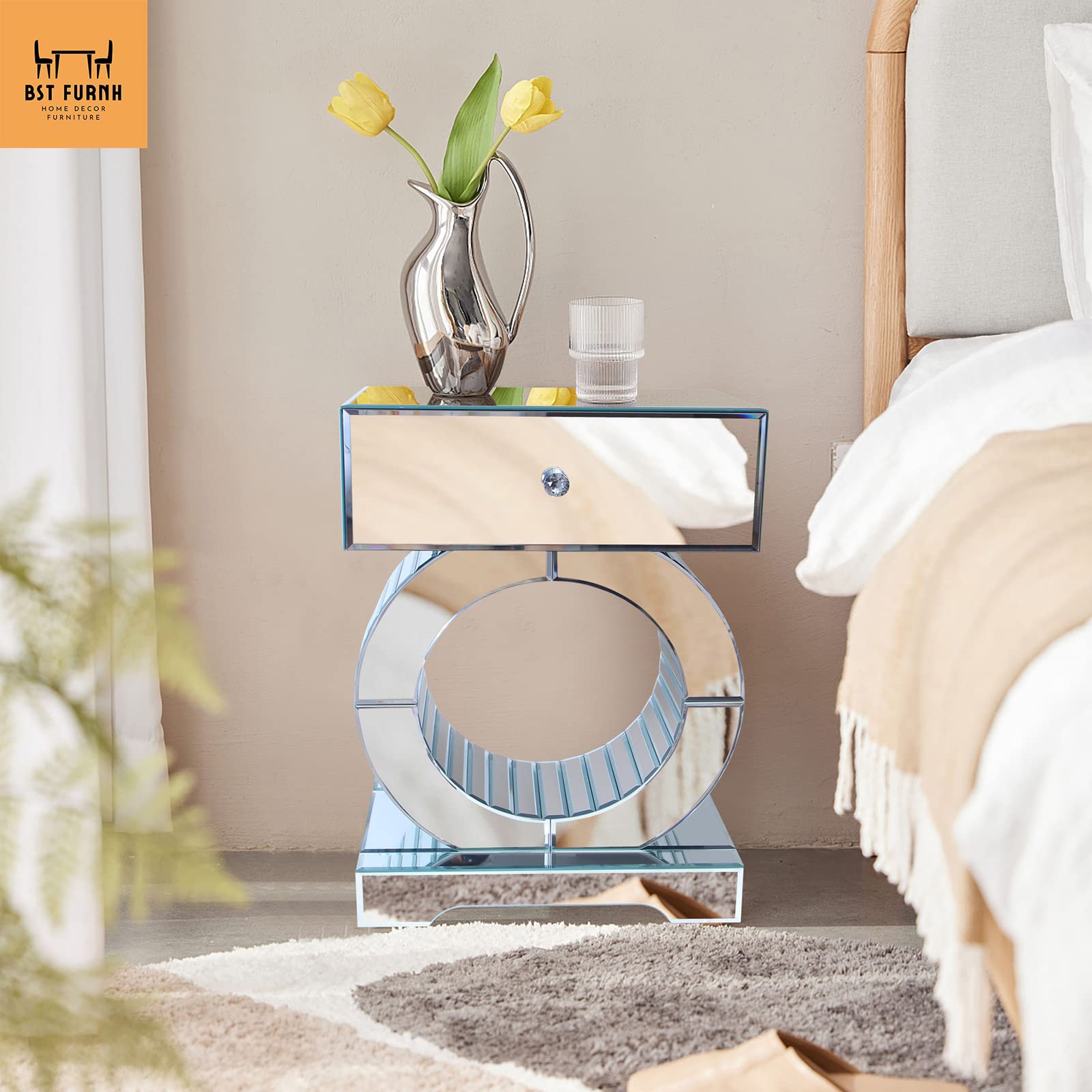 Modern Glass Side Table with Mirror & Drawer - Silver Accent Nightstand for Bedroom, Mirrored Dresser & Bedside Cabinet - Perfect for Small Spaces, Guest Rooms & Contemporary Home Decor