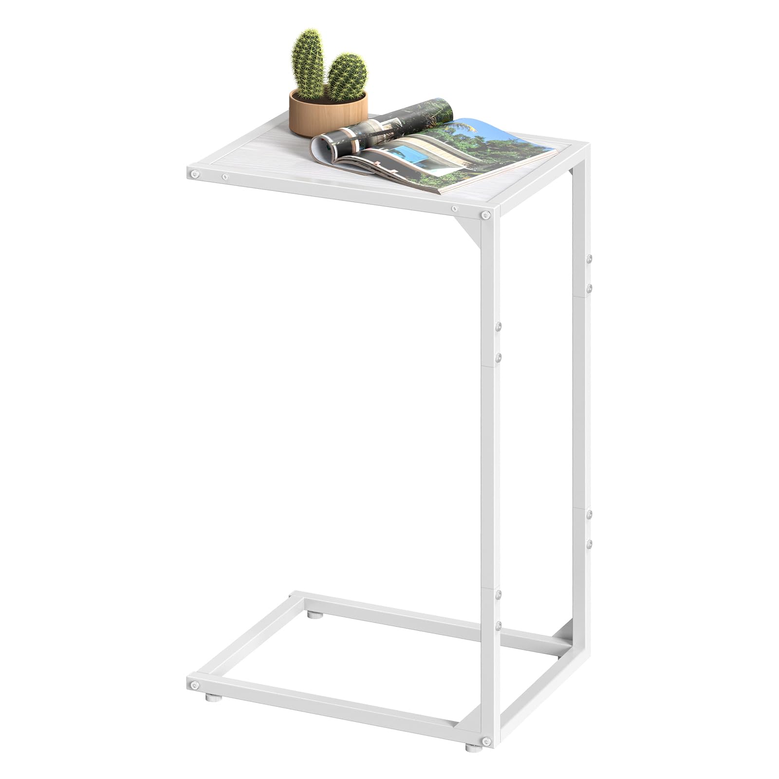 Melos White C-Shaped End Table - Snack Side Table for Couch, Sliding Under Sofa - Perfect for Living Room & Bedroom - Ideal for TV Snacks, Reading & Small Space Decor