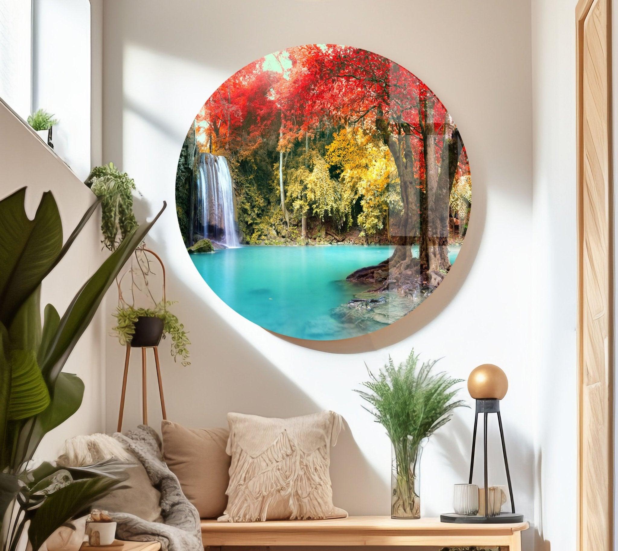 Autumn Forest Waterfall Glass Wall Art - Nature-Inspired Home Decor for Living Room, Bedroom & Office