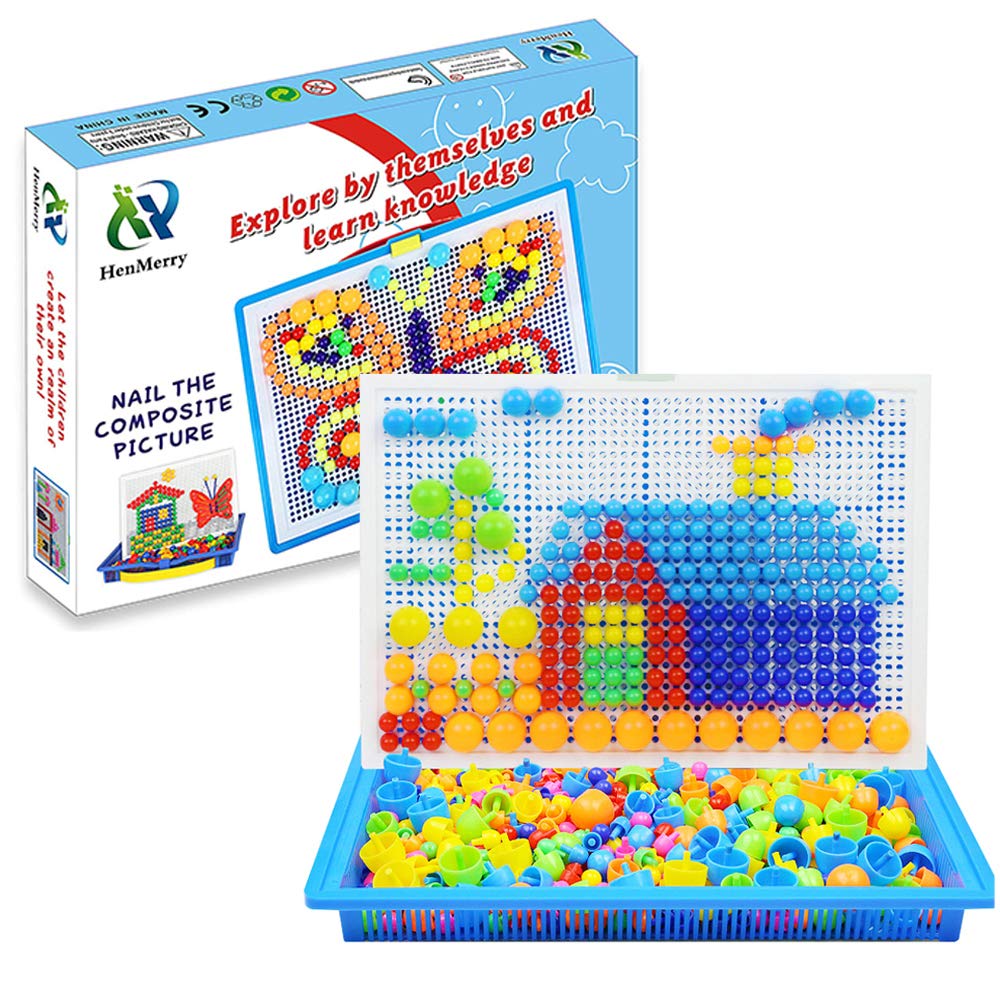 HenMerry 600pcs Creative Mushroom Nails Mosaic Pegboard - 3D Puzzle Building Blocks for Kids, STEM Educational Toys for Children Ages 5-12 - Perfect for Classroom Activities & Creative Playtime