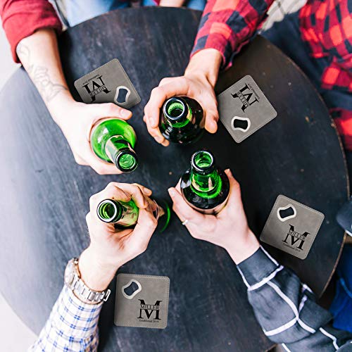 Custom Laser Engraved Bottle Opener Coaster Set - Personalized Gray Bar Coasters for Beer & Wine - Perfect for Home Bars, Man Caves & Wedding Gifts