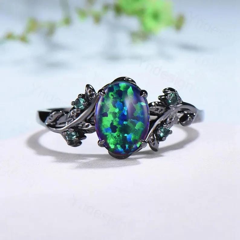 Black Gold Fire Opal Couples Ring Set - His & Hers Wedding Bands, Emerald Bridal Rings for Men & Women - Perfect for Engagement, Promise, Anniversary Gifts - Ideal for Romantic Occasions & Special Celebrations