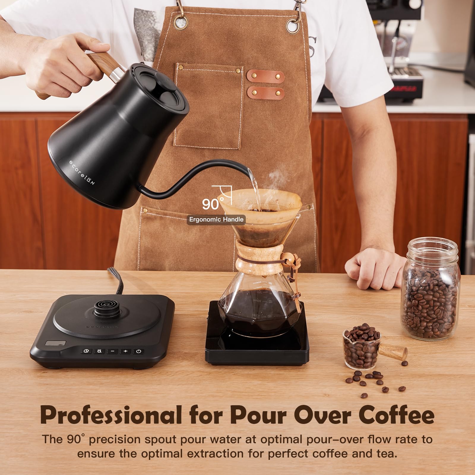ECORELAX Gooseneck Electric Kettle with Precise ±1℉ Temperature Control - 1200W Fast Heating Stainless Steel Pour Over Kettle for Coffee, Tea & Hot Water - 1L Capacity with Keep Warm Function & OLED Display (Black) - Perfect for Home, Office & Specialty Brewing