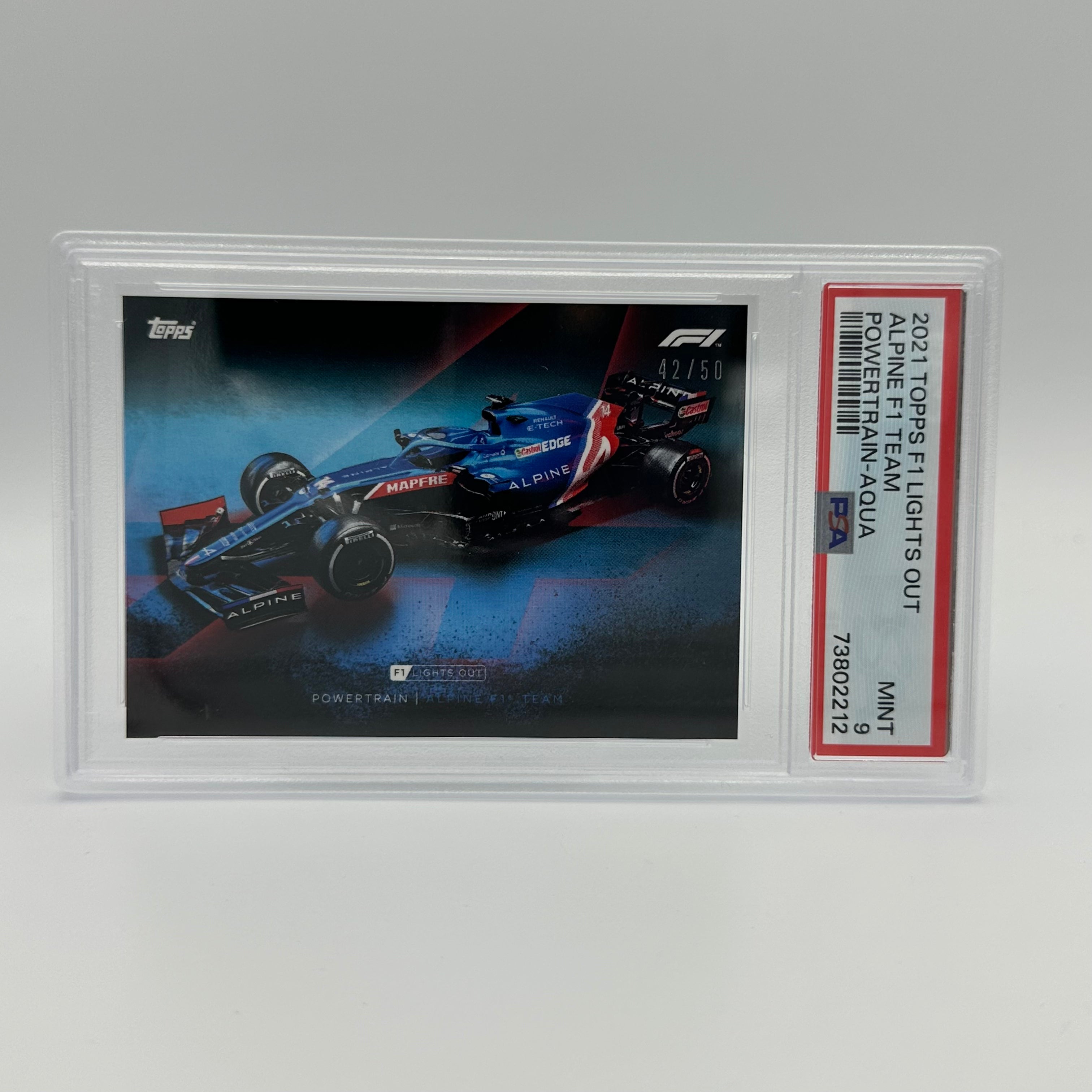 PSA 9 Graded 42/50 ALPINE F1 Team PowerTrain Aqua Trading Card - Rare Collectible for F1 Fans & Sports Memorabilia Enthusiasts