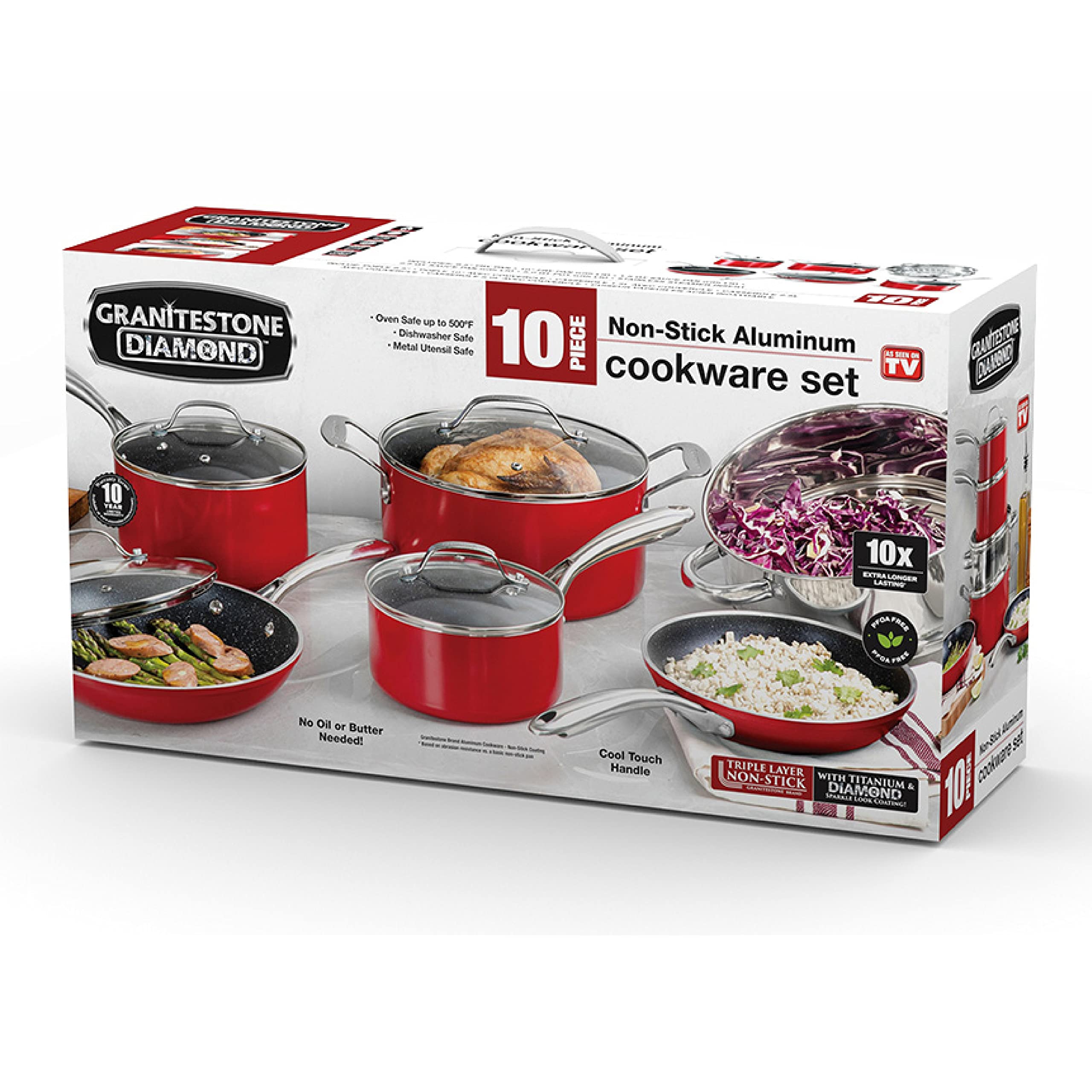 GraniteStone 10-Piece Nonstick Cookware Set - Red Granite Coated Pots and Pans with Diamond Infused Technology | Durable Kitchen Cookware for Frying, Boiling & Sauteing | Perfect for Gas, Electric & Induction Stovetops