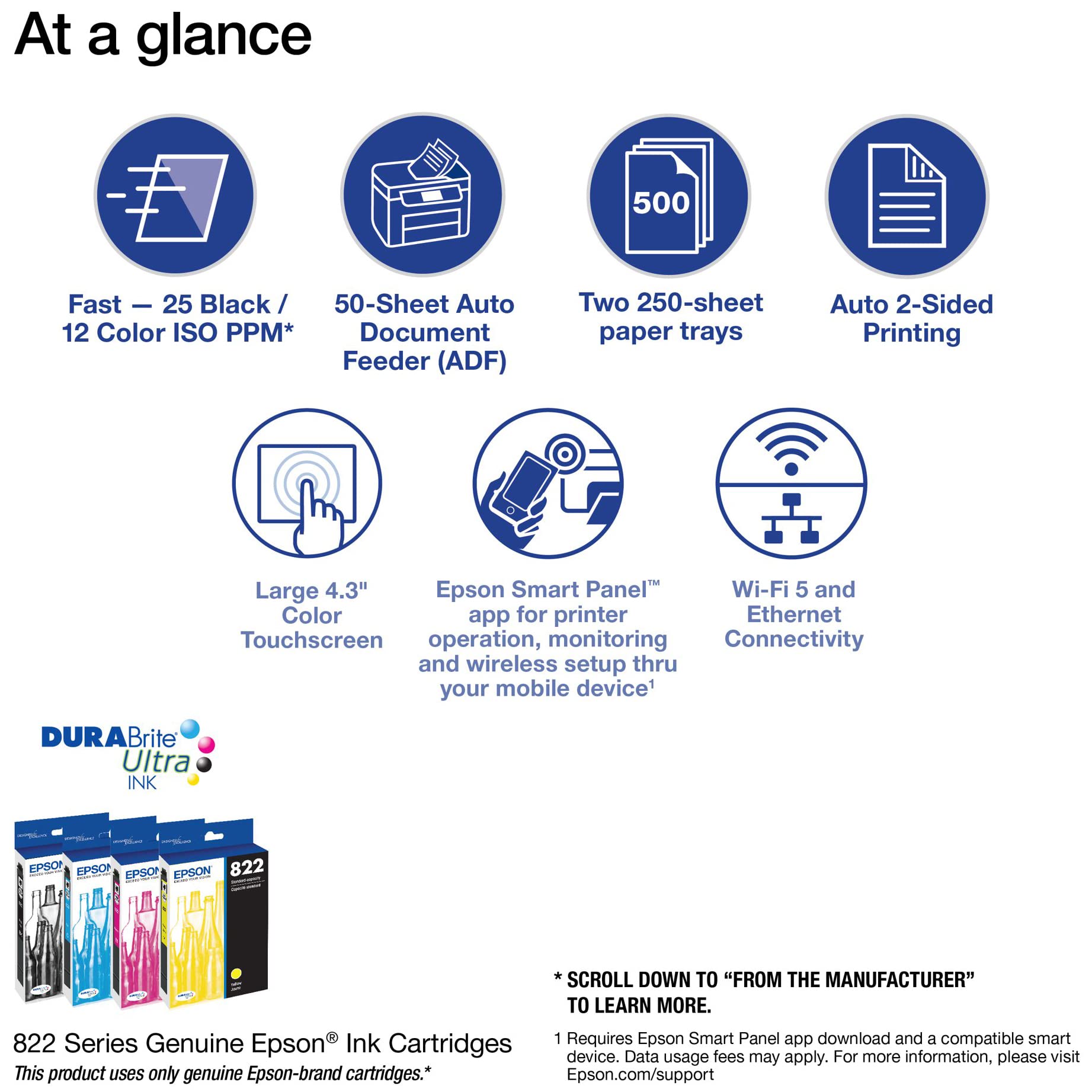 Epson Workforce Pro WF-4833 Wireless All-in-One Color Inkjet Printer with Print, Scan, Copy & Fax - High Speed 25ppm, 4800x2400dpi, 4.3