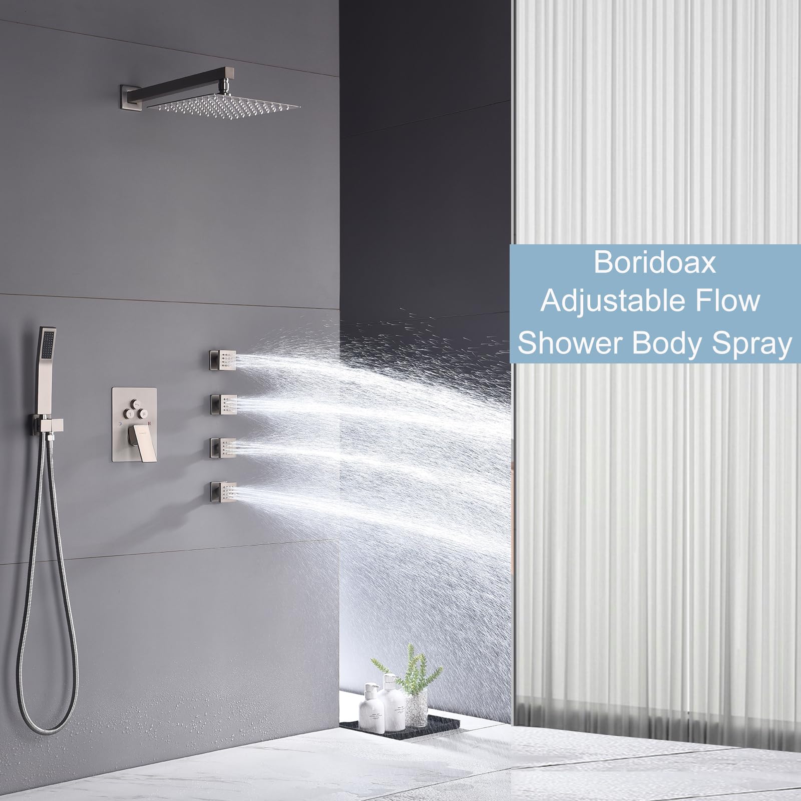 6PCS Square Shower Body Jet Spray with On/Off Flow Control - Brass Head Spa Massage Wall Mounted Shower Jets in Brushed Nickel for Bathroom Relaxation & Hydrotherapy